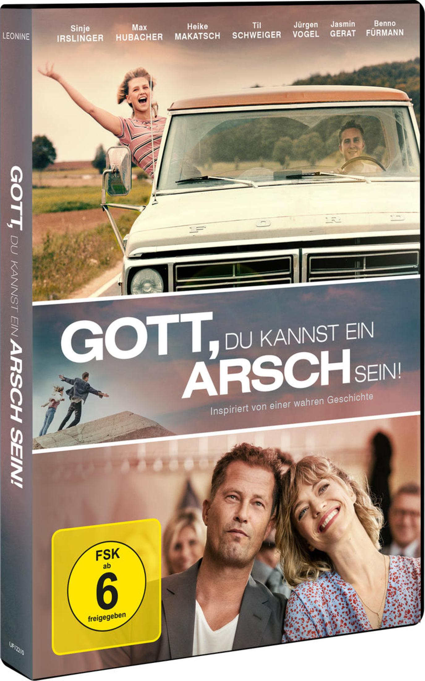 DVD-Cover für 'Gott, du kannst ein Arsch sein!', mit einer lächelnden Frau in einem Pick-up und einem Paar.