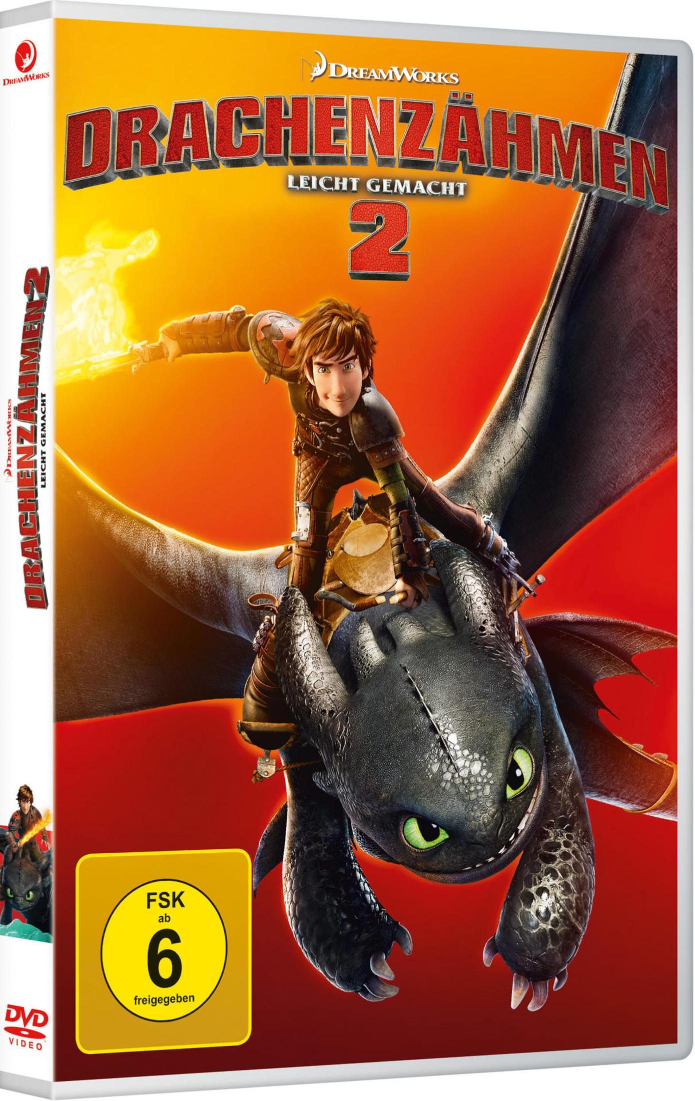 DVD-Cover von Drachenzähmen leicht gemacht 2 mit Hiku auf dem Rücken des schwarzen Drachen Ohnezahn vor orangem Hintergrund.