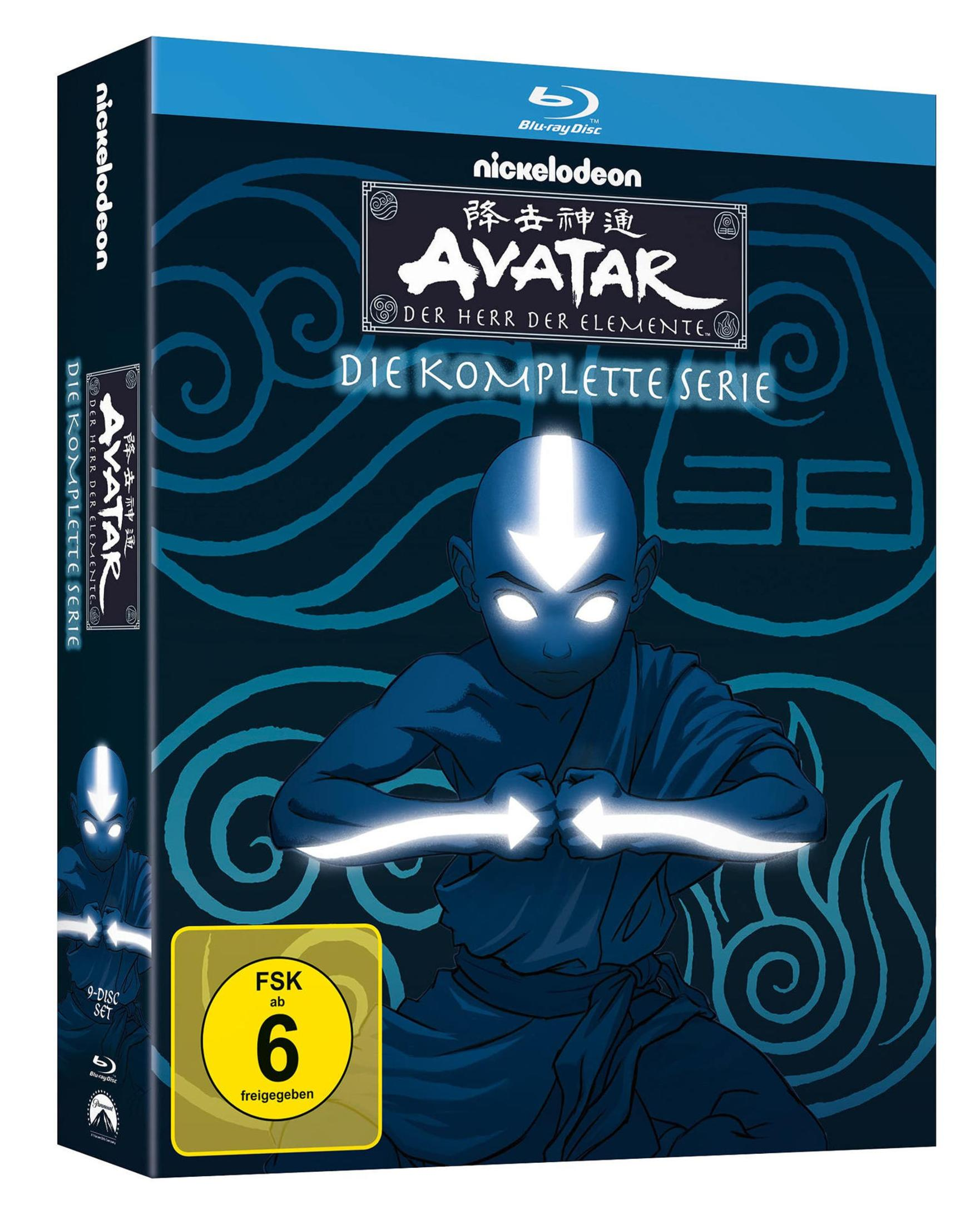 Avatar Blu-ray Box mit Aang in der Mitte und Elementesymbolen im Hintergrund.