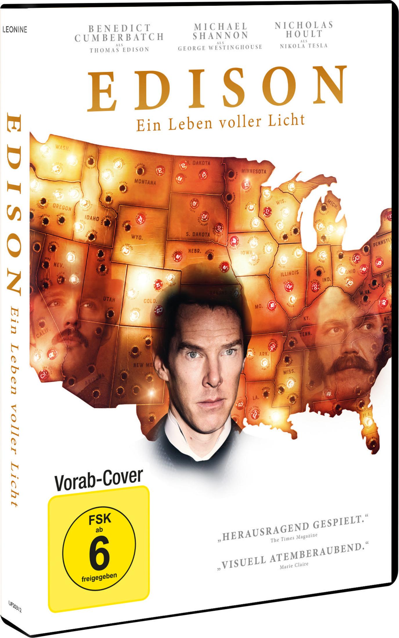 DVD-Cover von Edison – Ein Leben voller Licht mit den Porträts der Hauptdarsteller vor einer US-Karte.