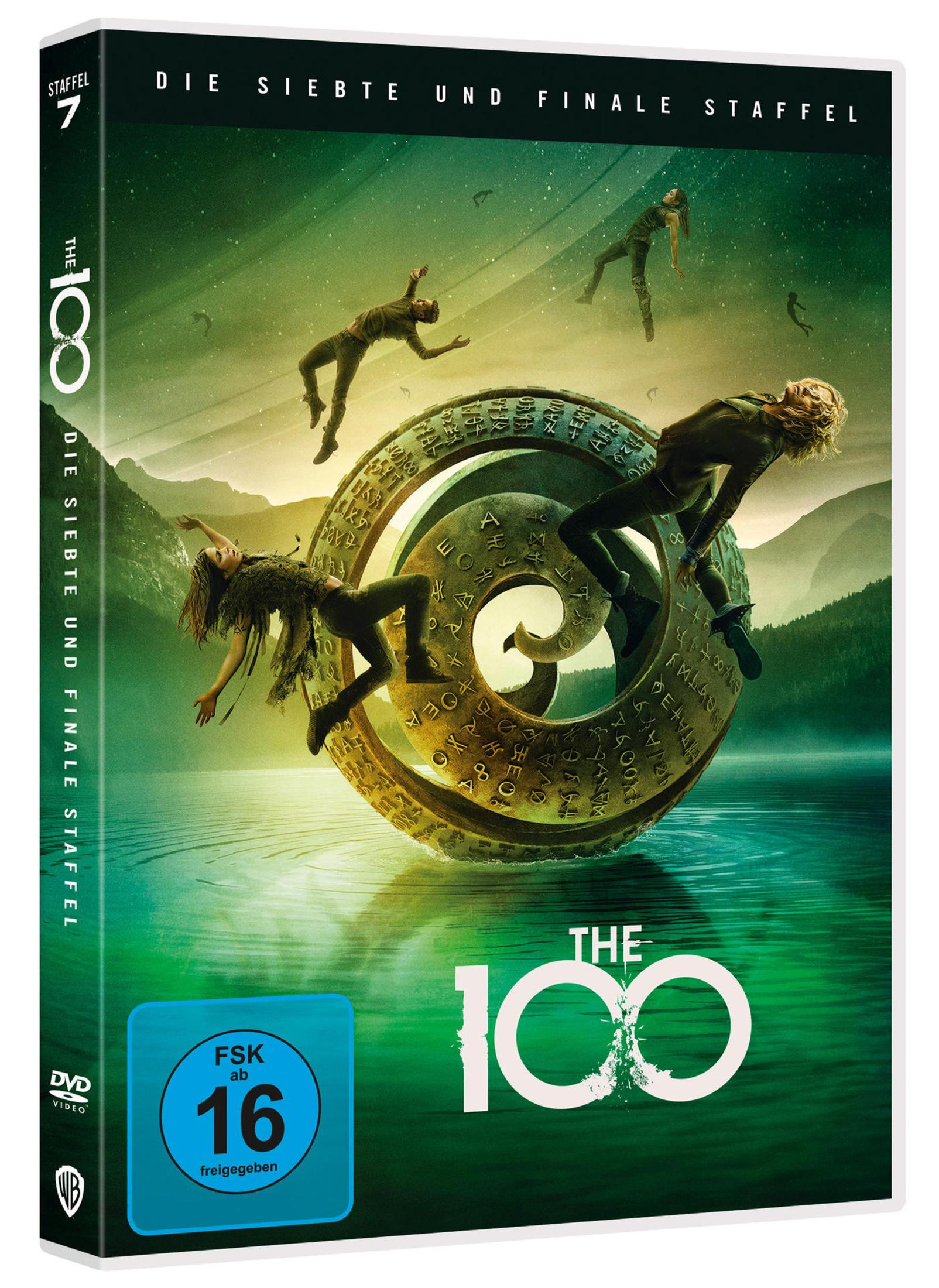 DVD-Cover von The 100 Staffel 7 mit schwebenden Charakteren um ein leuchtendes Artefakt über einem See.