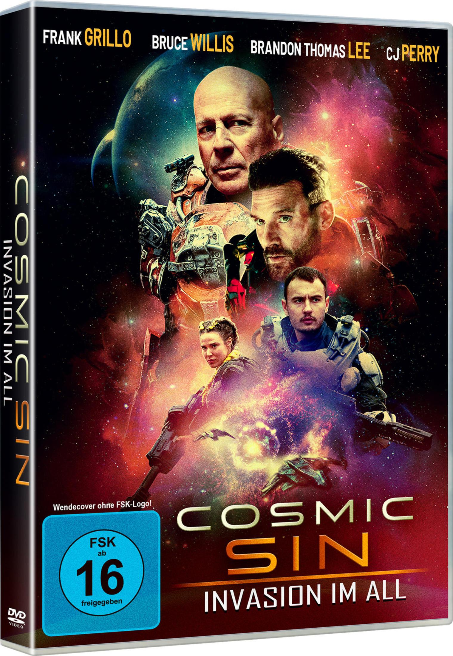 DVD-Cover von Cosmic Sin mit vier bewaffneten Charakteren vor einem Weltraumhintergrund.