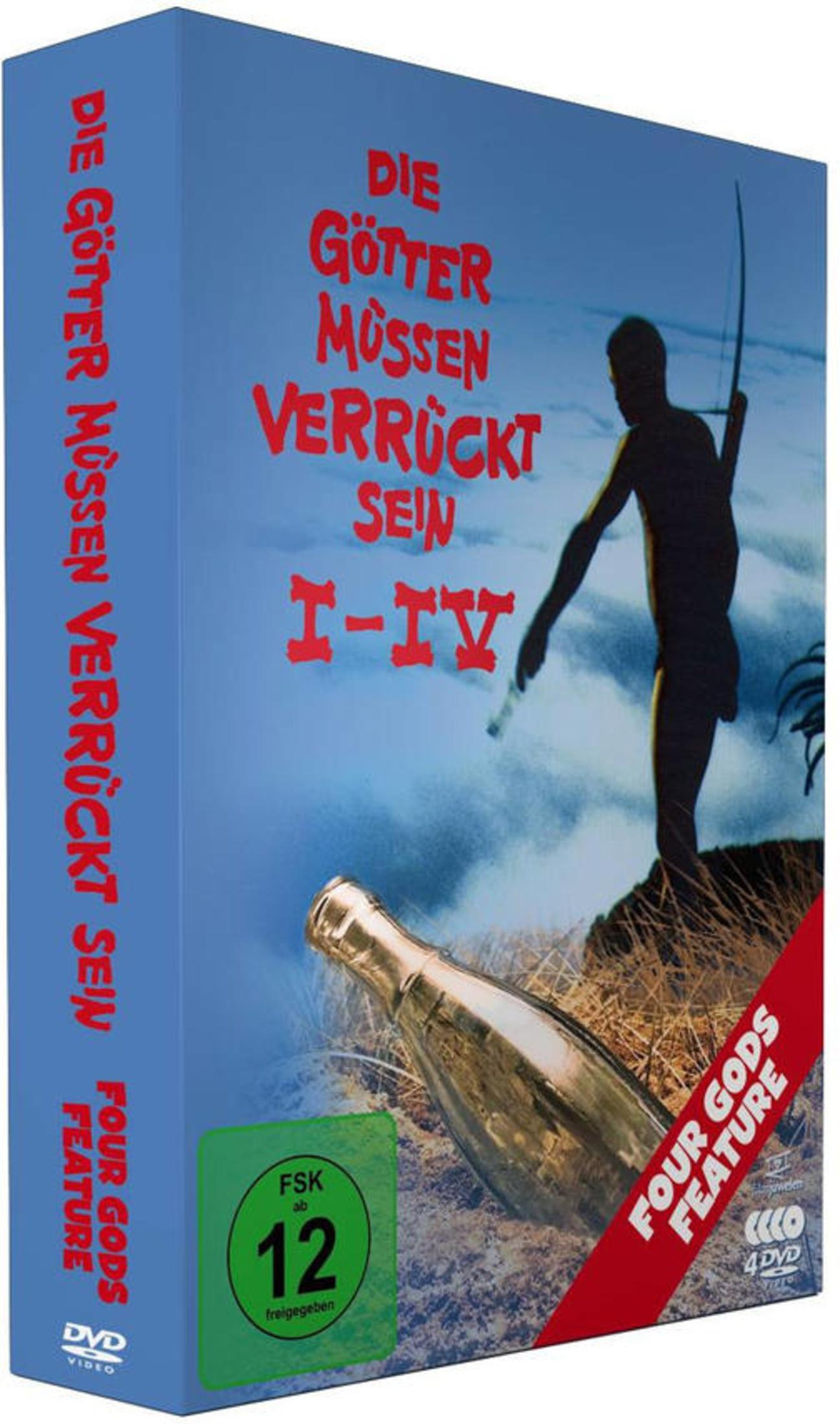 DVD-Box von Die Götter müssen verrückt sein mit einer Glasflasche im Vordergrund und einer Person im Hintergrund.