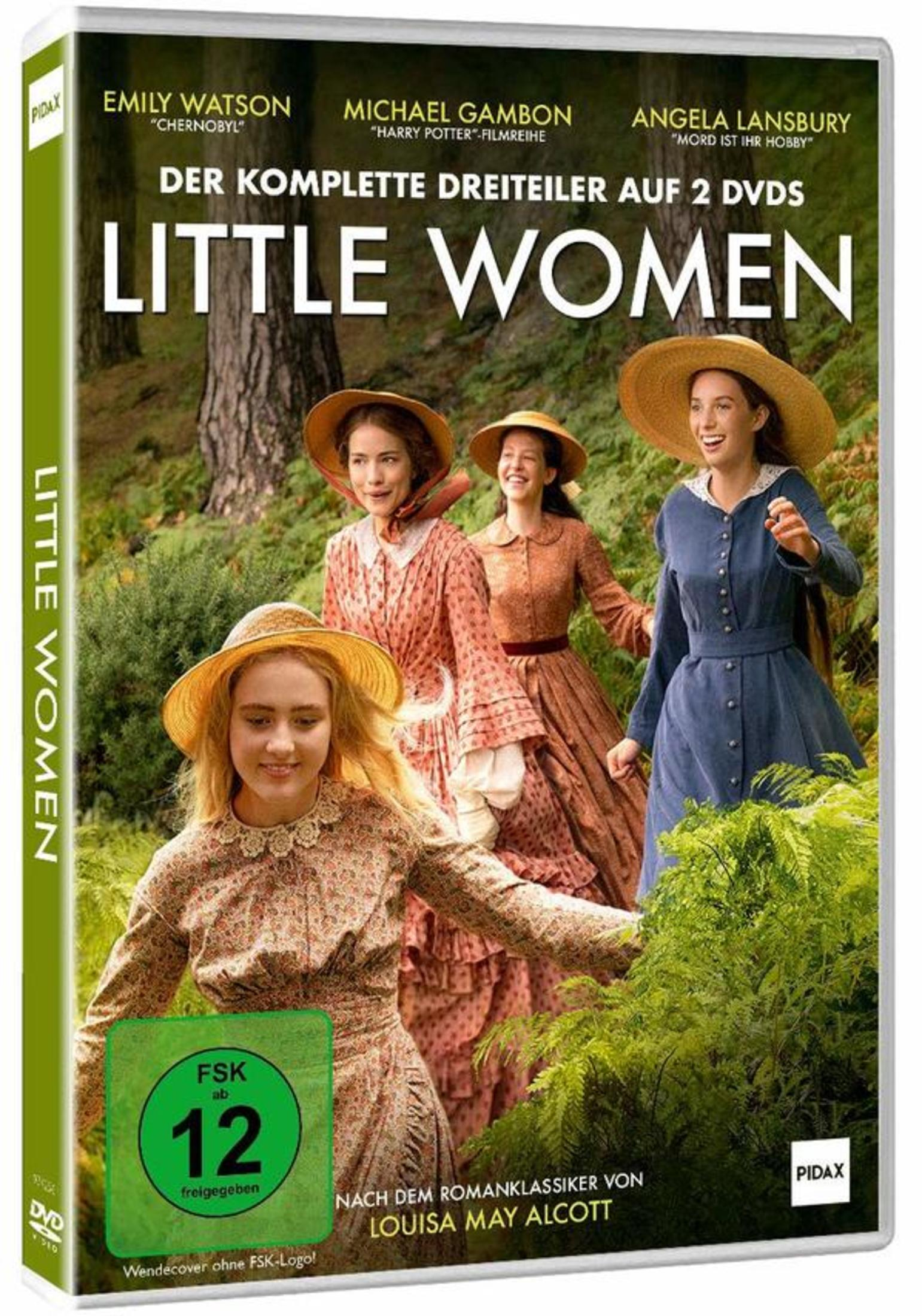 DVD-Cover von 'Little Women'. Vier Frauen in historischen Kleidern in einer Waldkulisse. Titel und Namen der Schauspieler oben.