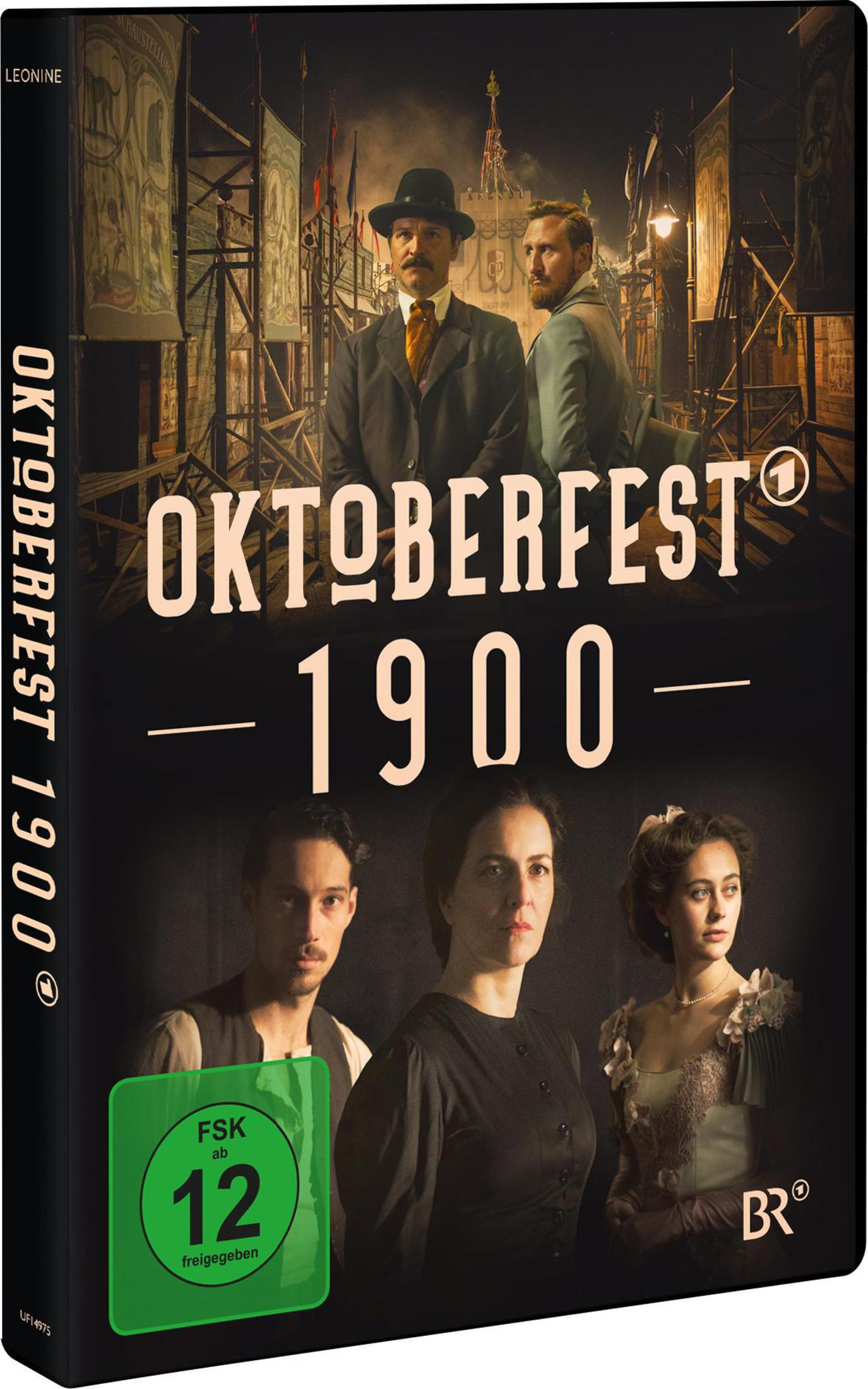 DVD-Cover von Oktoberfest 1900 mit fünf Figuren in historischer Kleidung vor einer festlichen Jahrmarktkulisse.