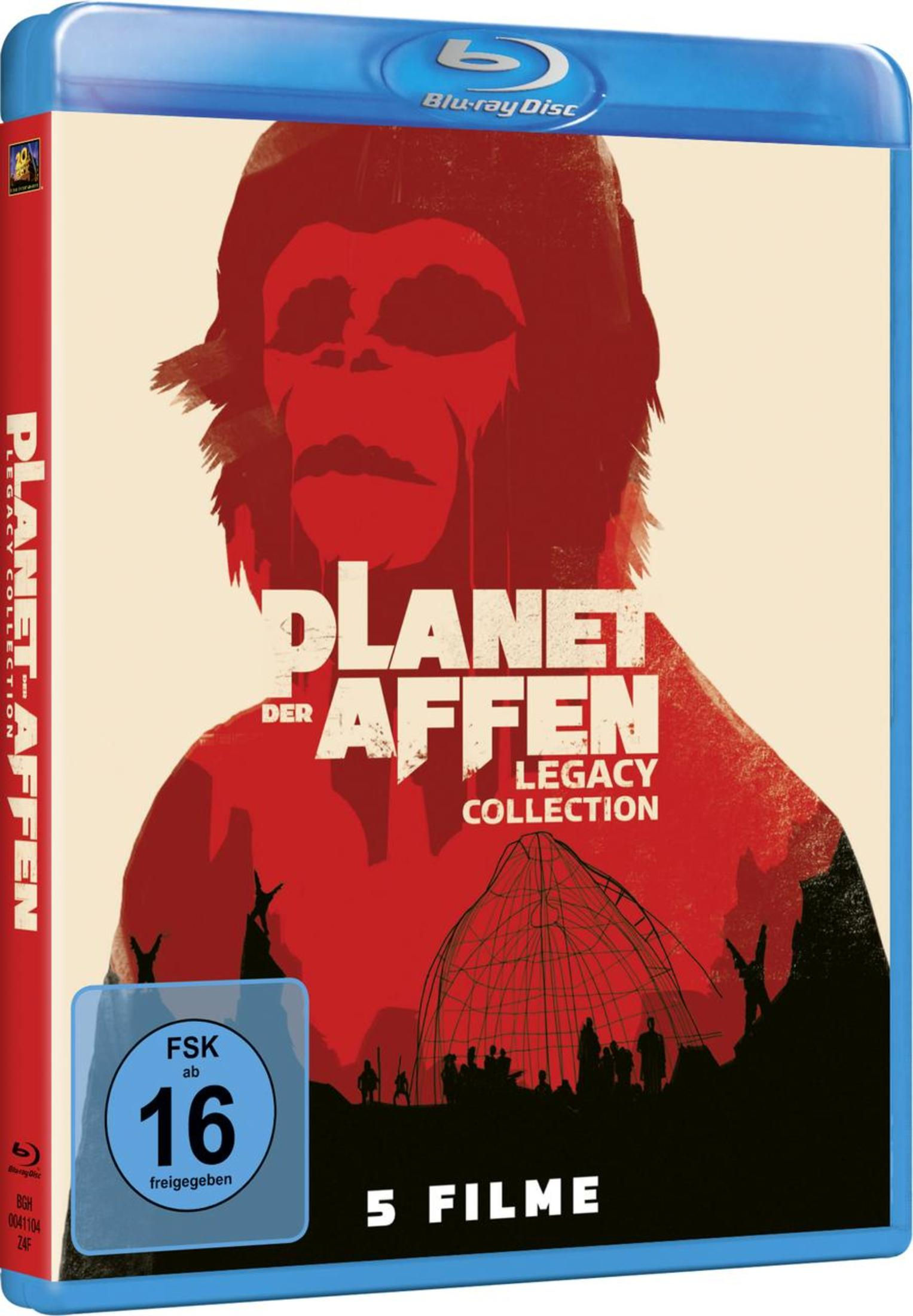 Blu-ray-Hülle von Planet der Affen Legacy Collection mit rotem Affengesicht und FSK-16-Logo.
