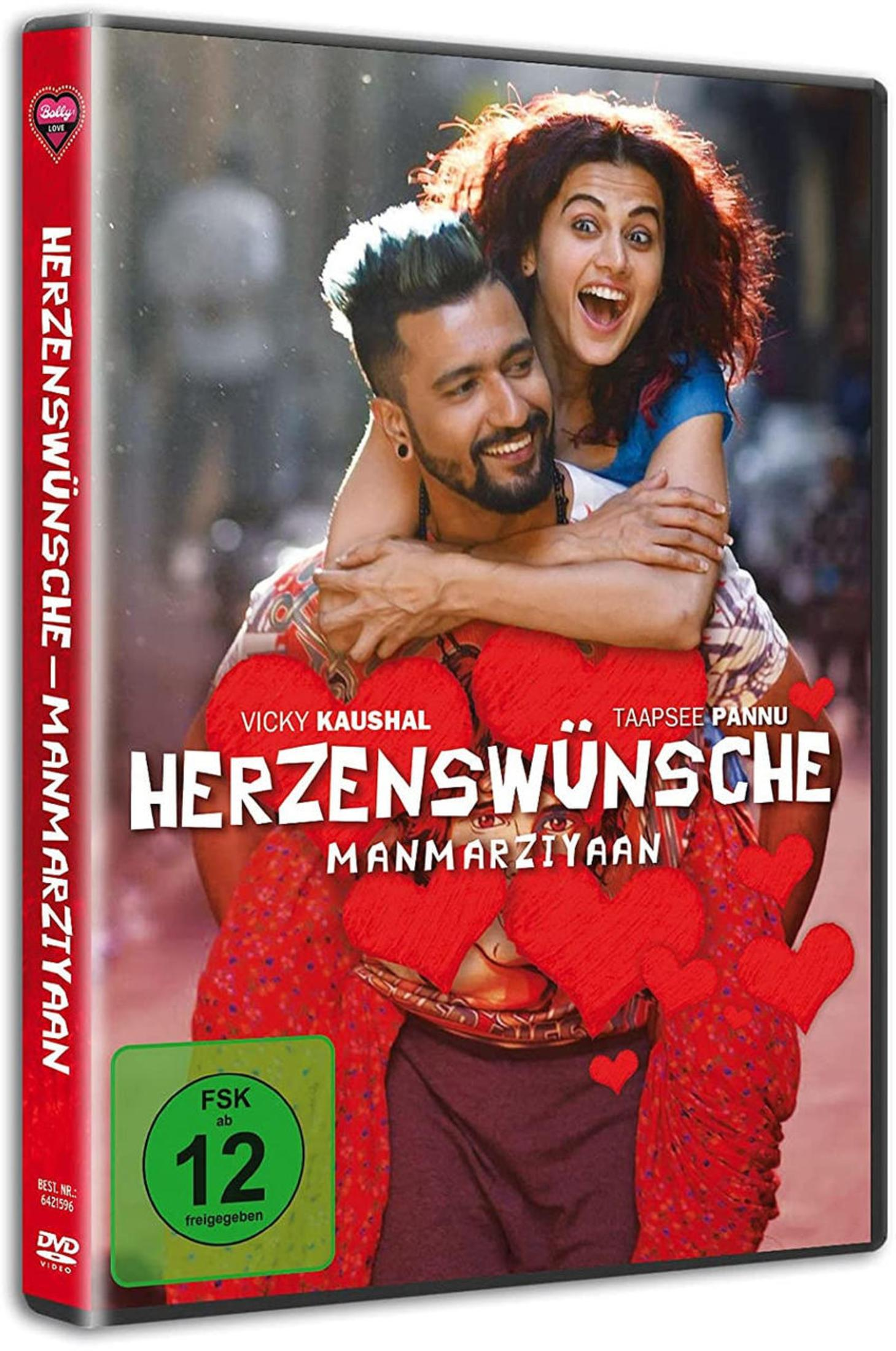 DVD-Cover des Films Herzenswünsche – Manmarziyaan mit Vicky Kaushal und Taapsee Pannu, die sich Huckepack tragen.
