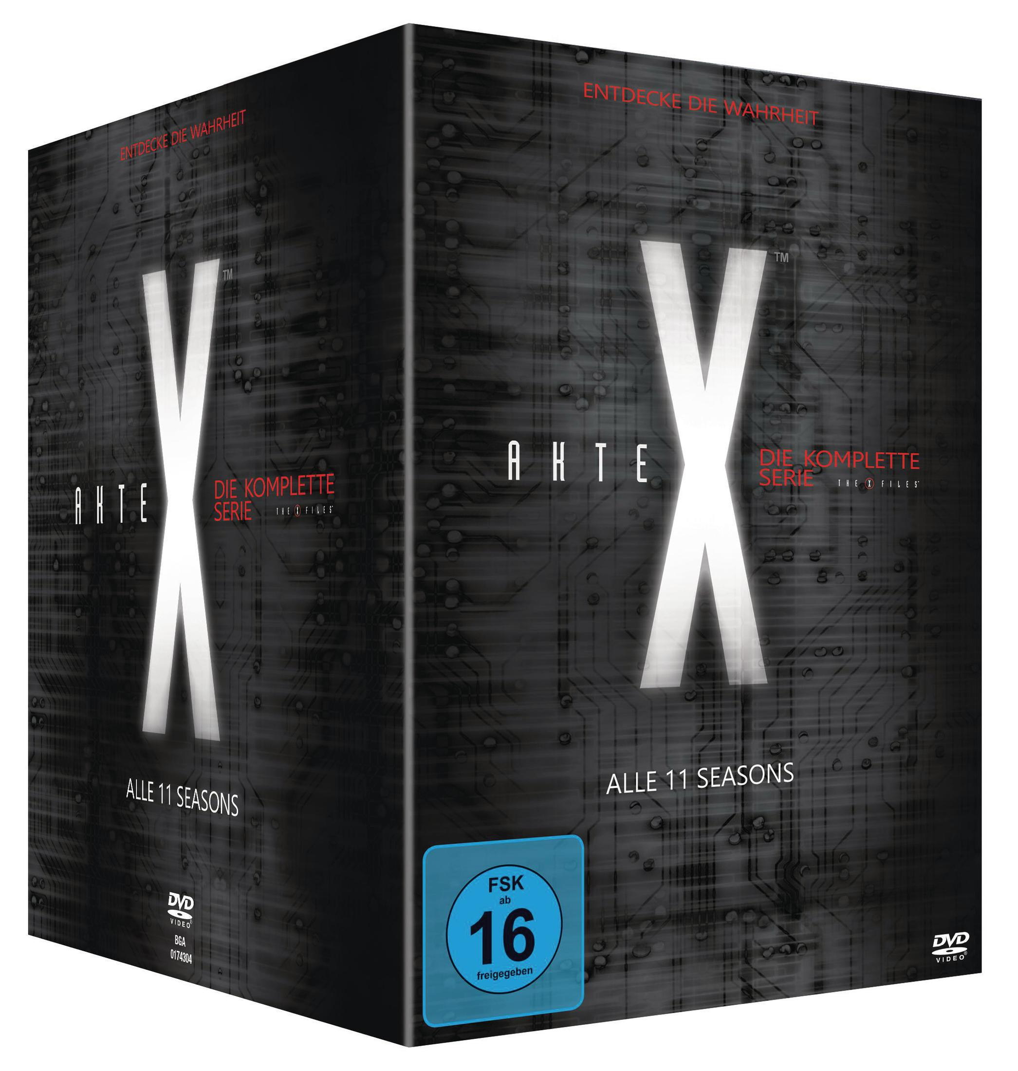 The X-Files DVD-Box mit allen 11 Staffeln und FSK-16-Logo auf schwarzem Hintergrund.