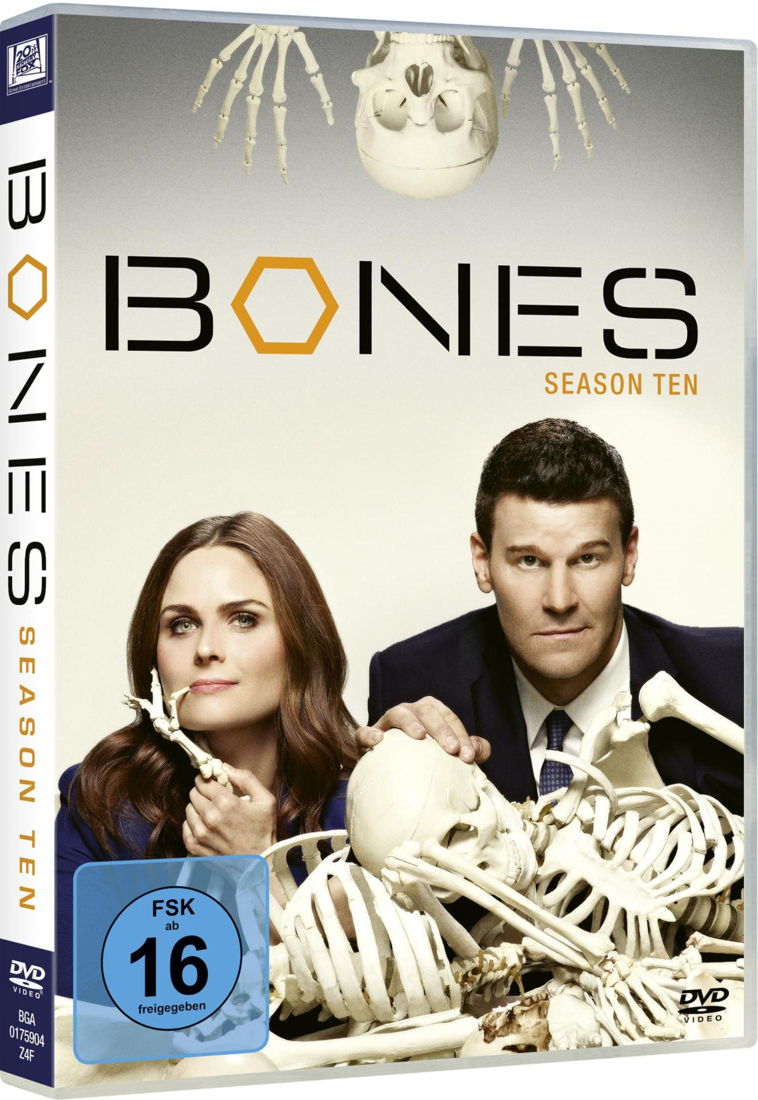 DVD-Cover von Bones Staffel 10 mit zwei Darstellern und Skeletteilen.
