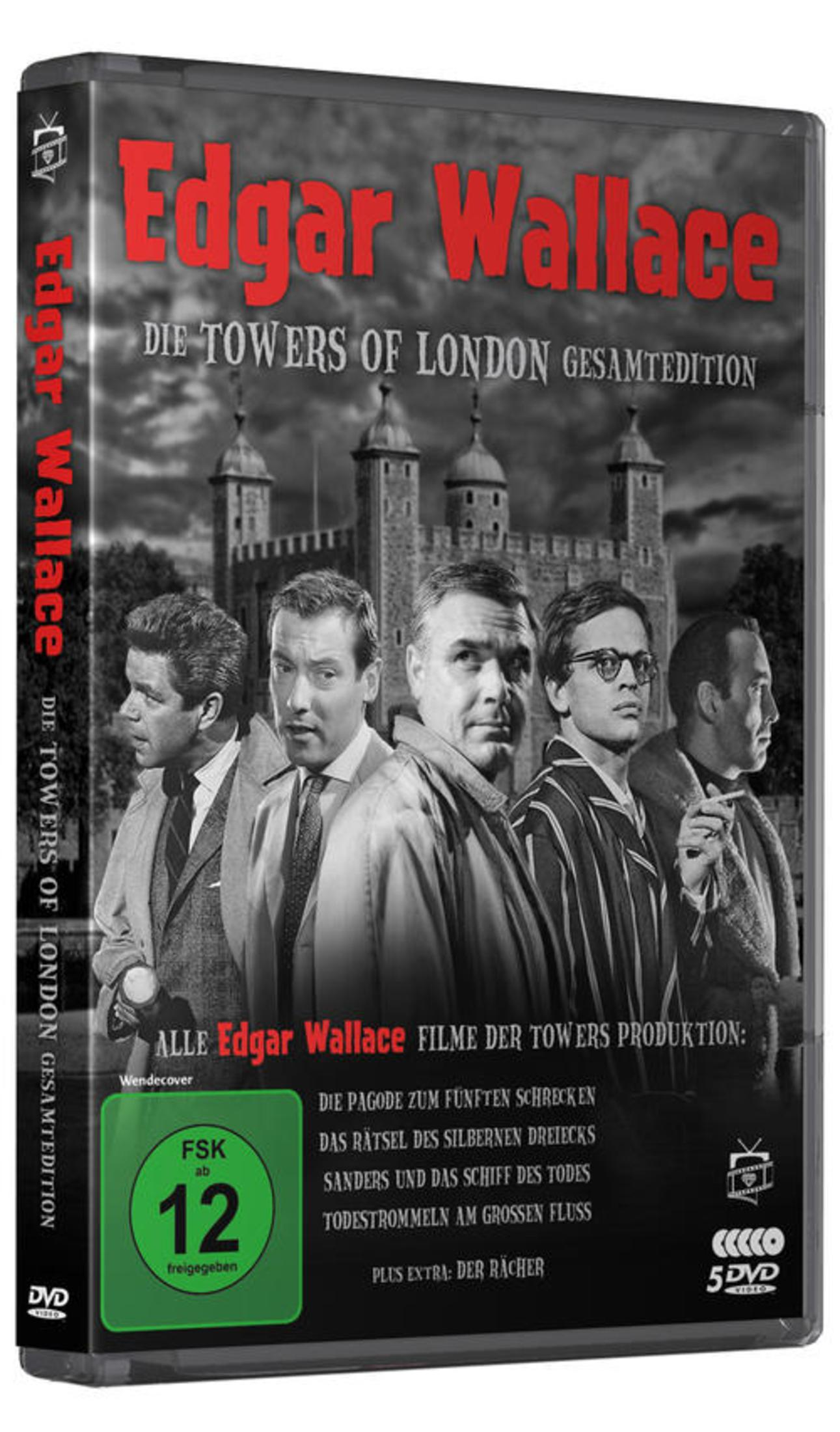 DVD-Cover von Edgar Wallace mit fünf Männern vor dem Tower von London in Schwarzweiß.