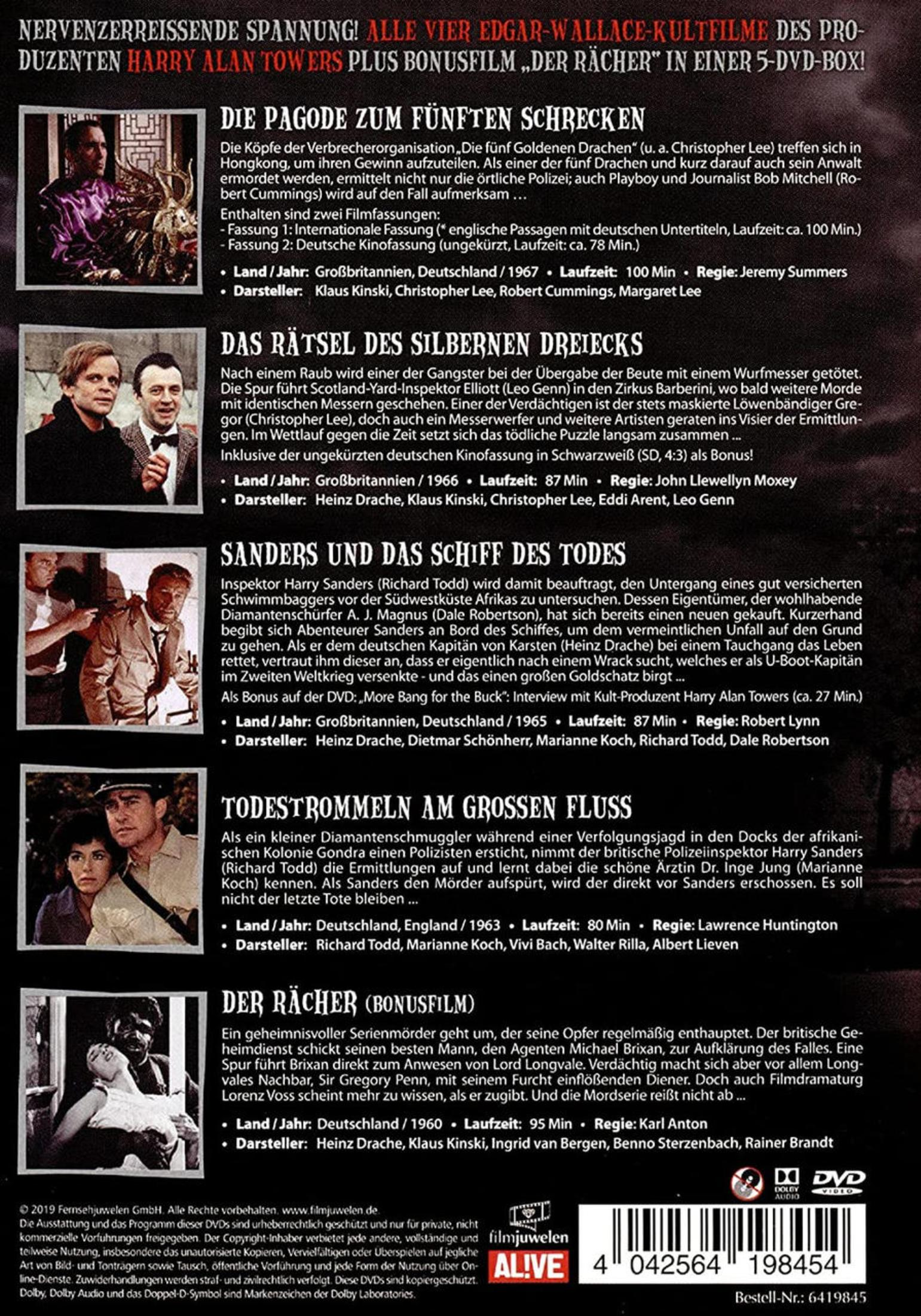 DVD-Rückseite mit Filmbeschreibungen, kleinen Szenenbildern und technischen Angaben zu Edgar-Wallace-Klassikern.