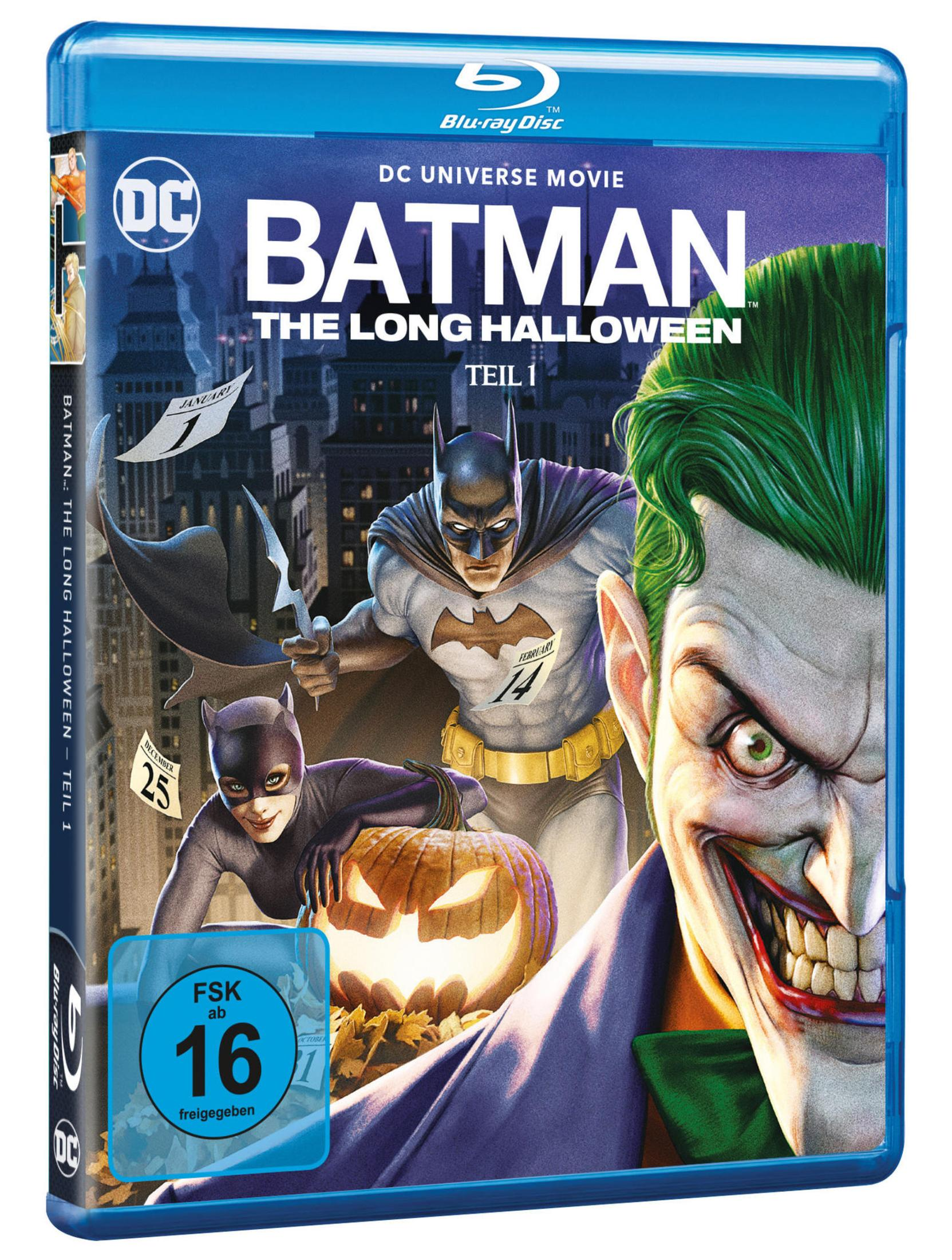 Blu-ray Cover von Batman: The Long Halloween Teil 1 mit Batman, Catwoman, dem Joker und einem Kürbis.