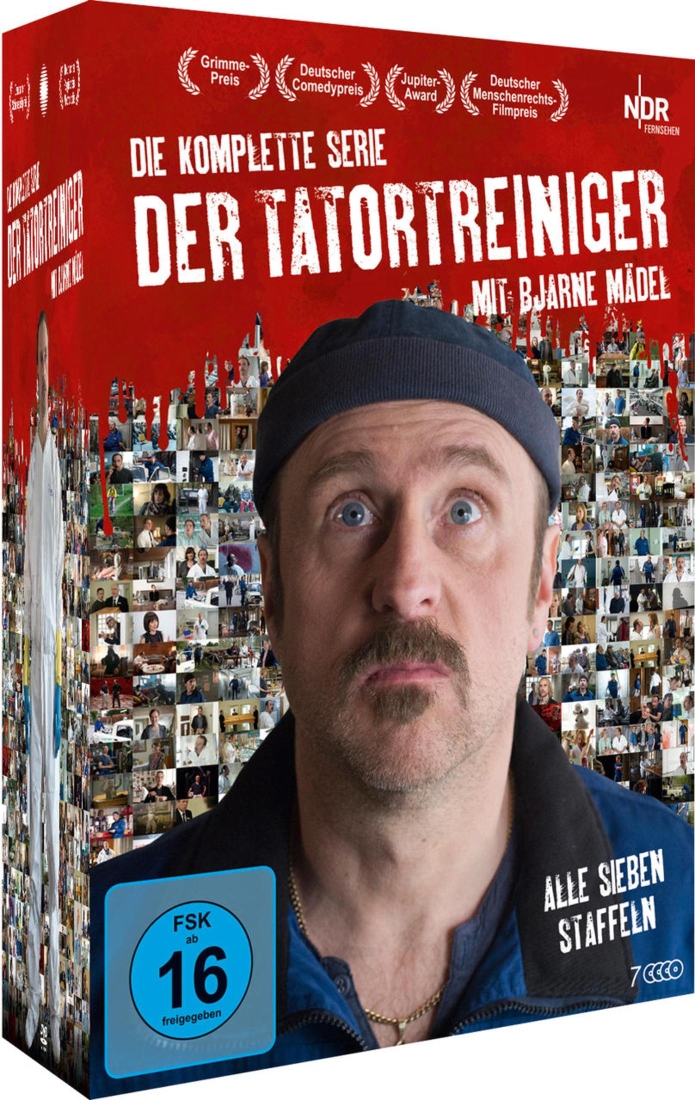 DVD-Cover der Serie Der Tatortreiniger mit Bjarne Mädel vor rotem Hintergrund mit Szenenfotos.