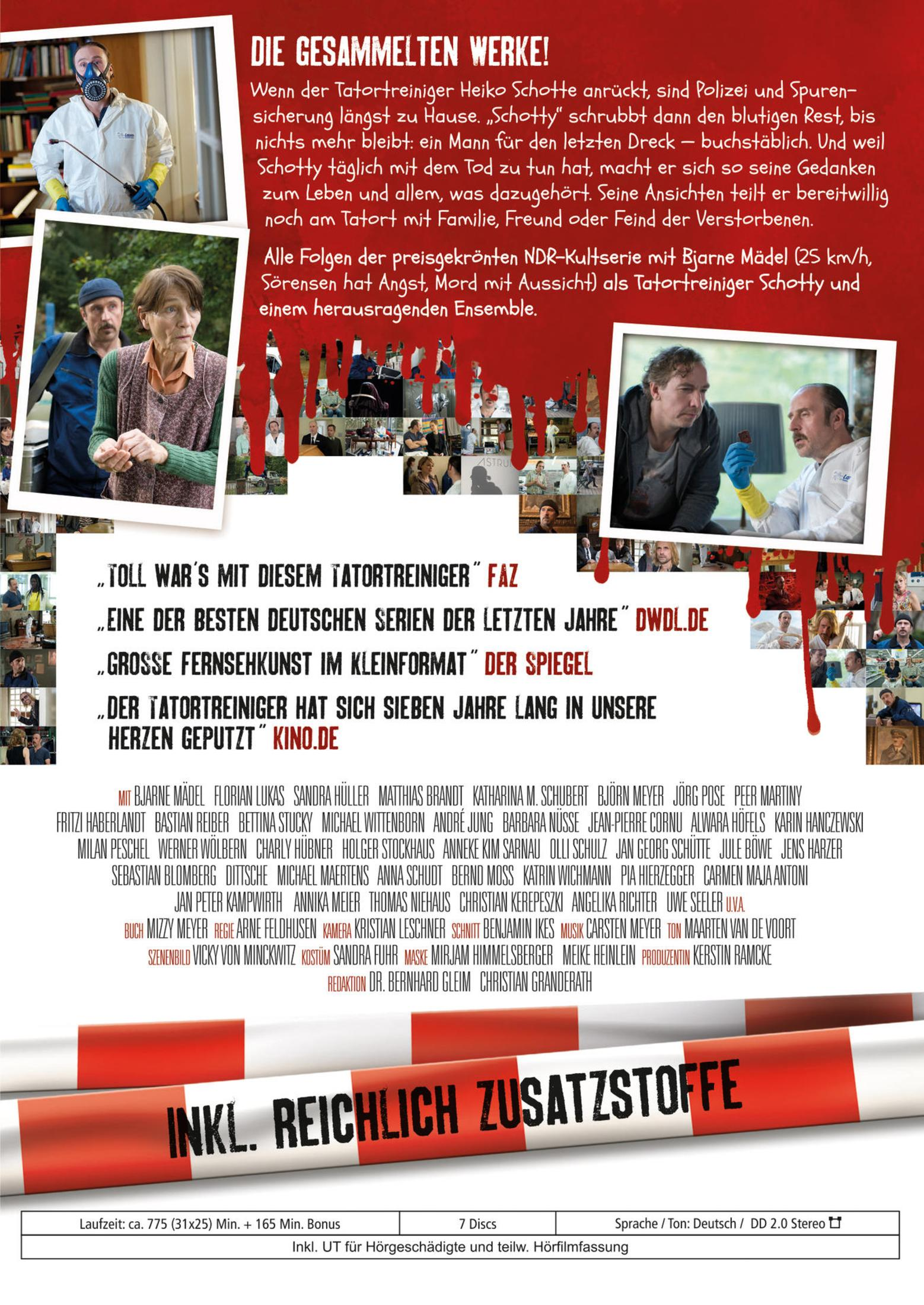 DVD-Cover der deutschen Serie Der Tatortreiniger mit Szenenfotos, Texten und rotem Hintergrund.