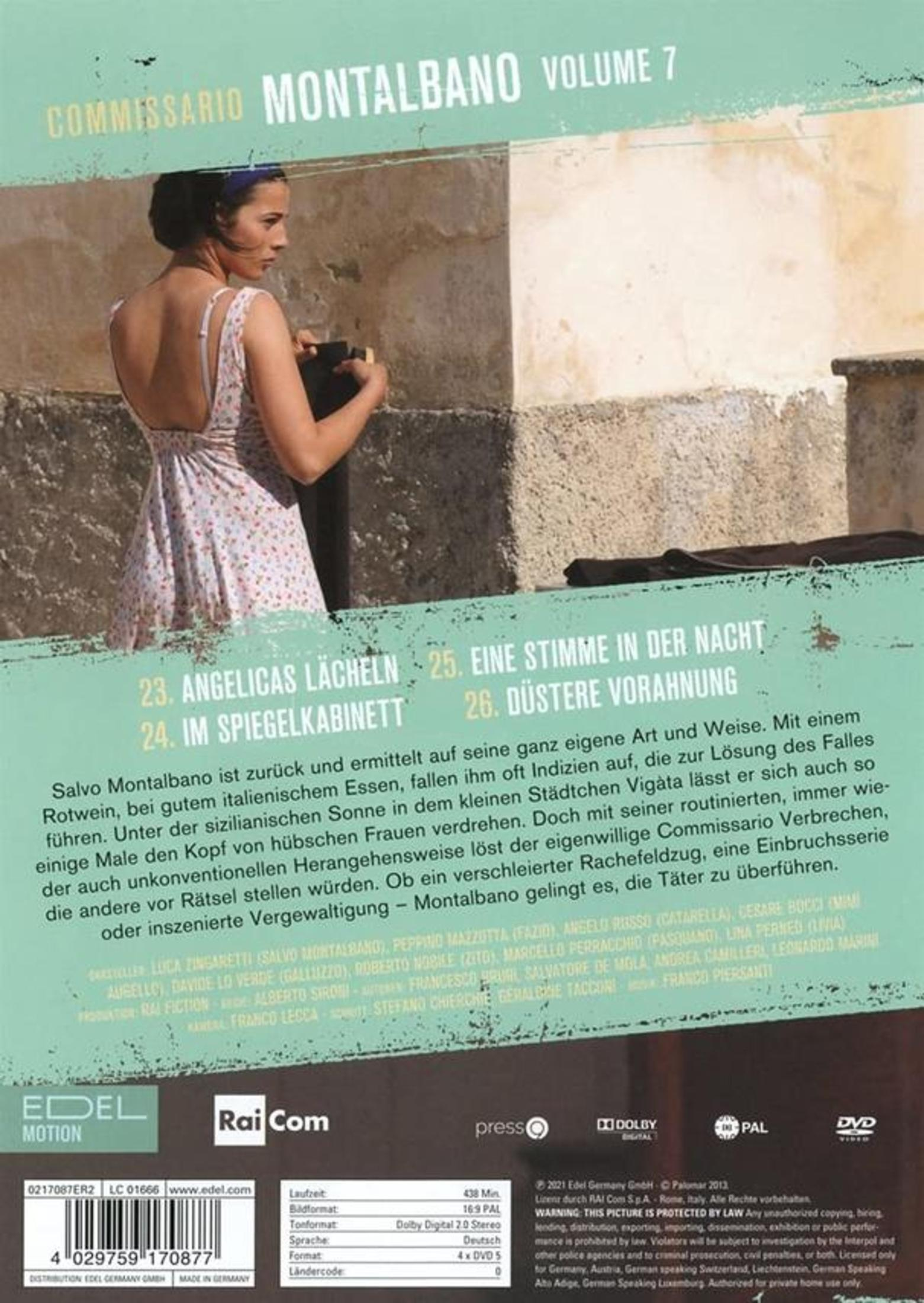 DVD-Cover von Commissario Montalbano Volume 7 mit Frau in Sommerkleidung vor einer Mauer und Text.