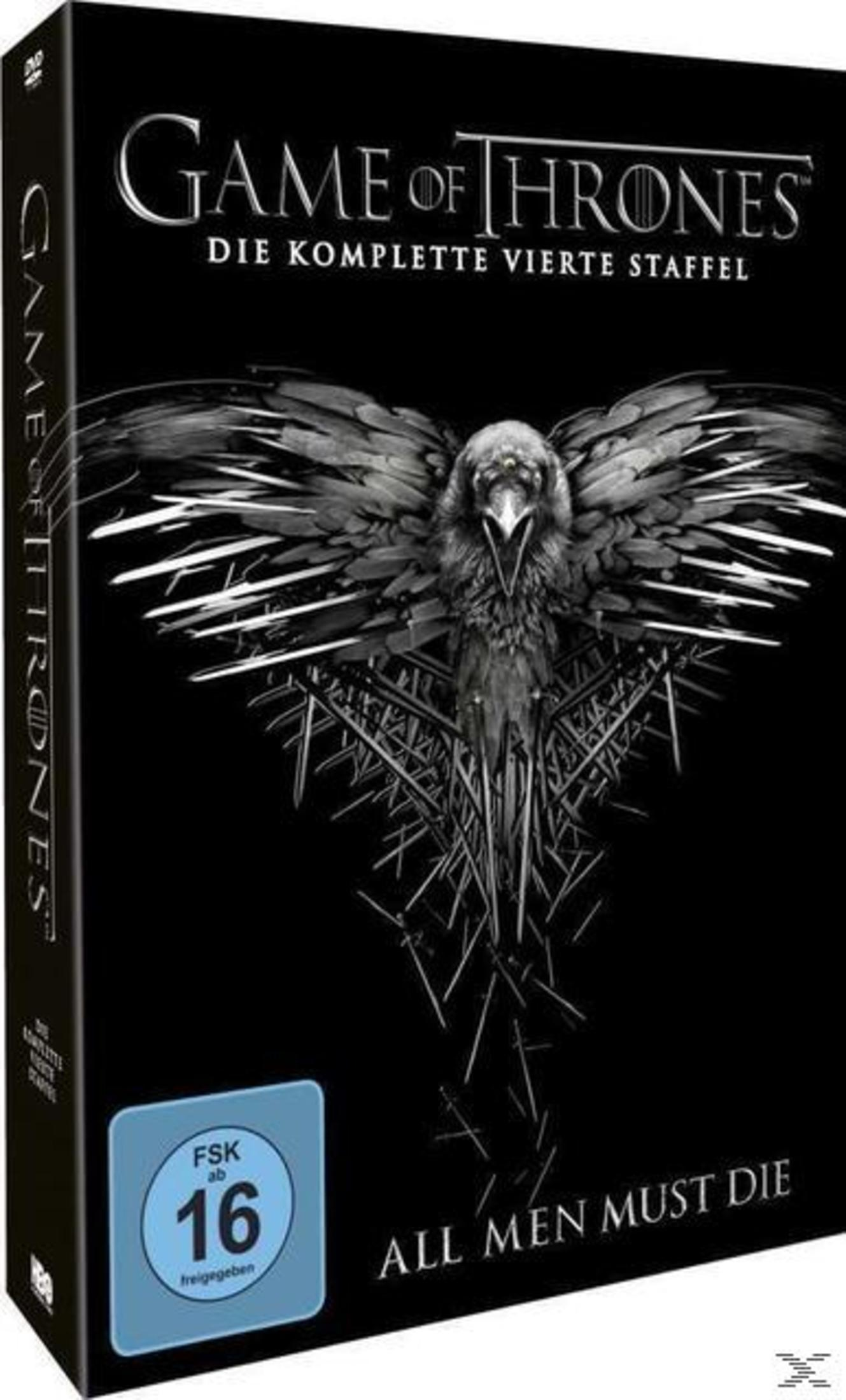 Game of Thrones Staffel 4 DVD-Hülle mit Rabe vor eisigem Dolchhintergrund und FSK-16-Logo.