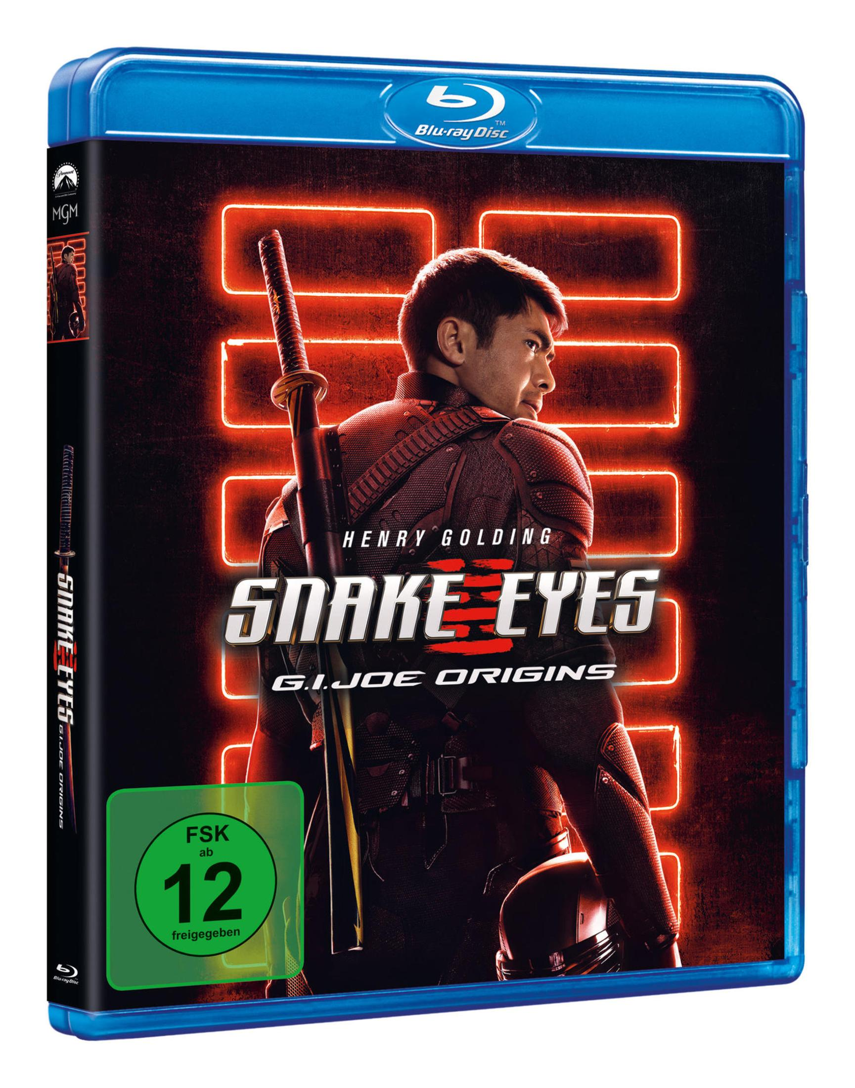 Snake Eyes Blu-ray-Hülle mit Henry Golding und Katana vor rotem Neonhintergrund.