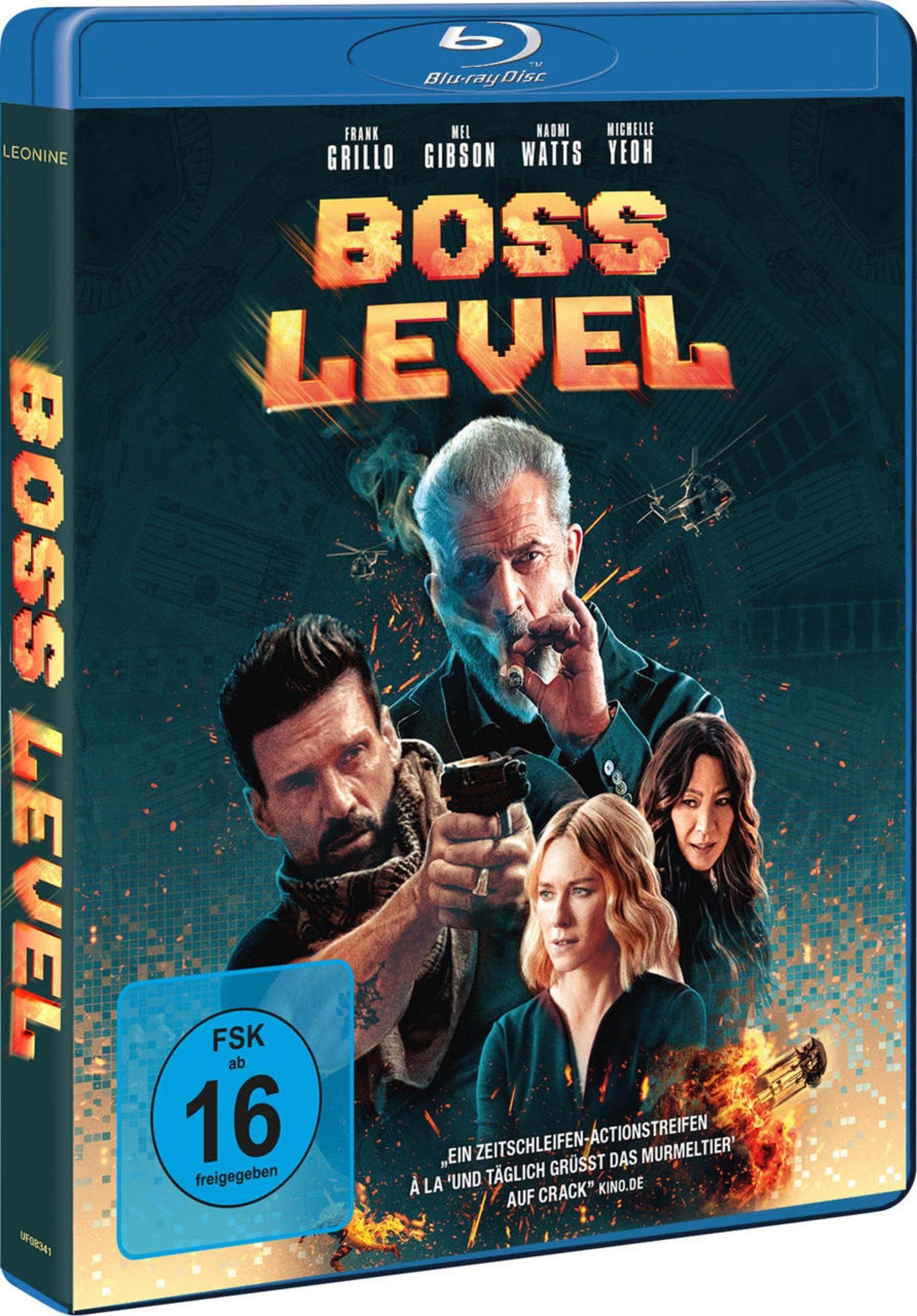 Filmposter: Boss Level mit einer Besetzung mit Frank Grillo, Mel Gibson und Naomi Watts.