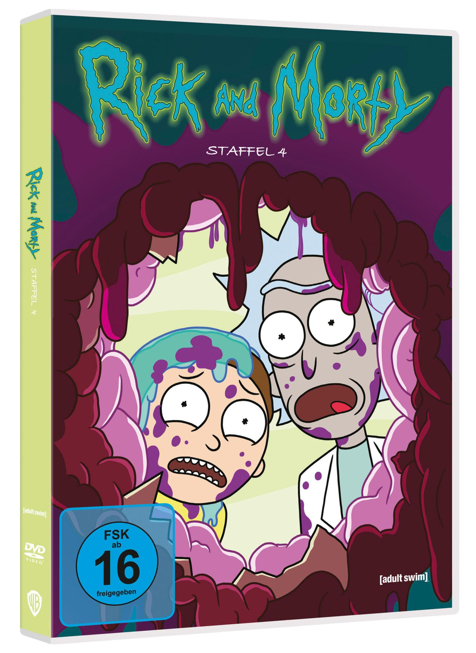 Rick and Morty Staffel 4 DVD-Hülle mit Rick und Morty inmitten von lila Schleim.