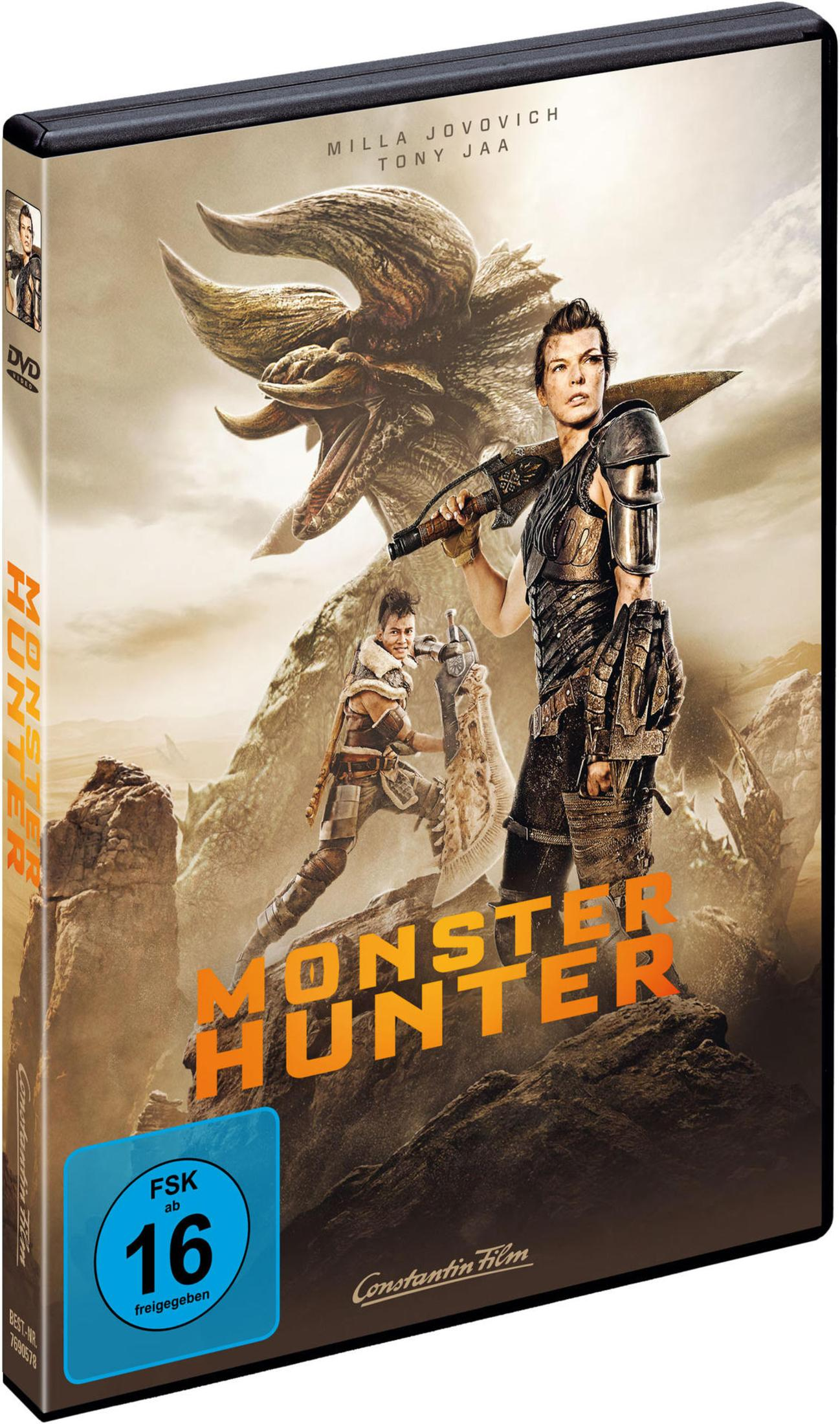 DVD-Hülle des Films Monster Hunter mit Milla Jovovich vor einem großen Monster in felsiger Landschaft.