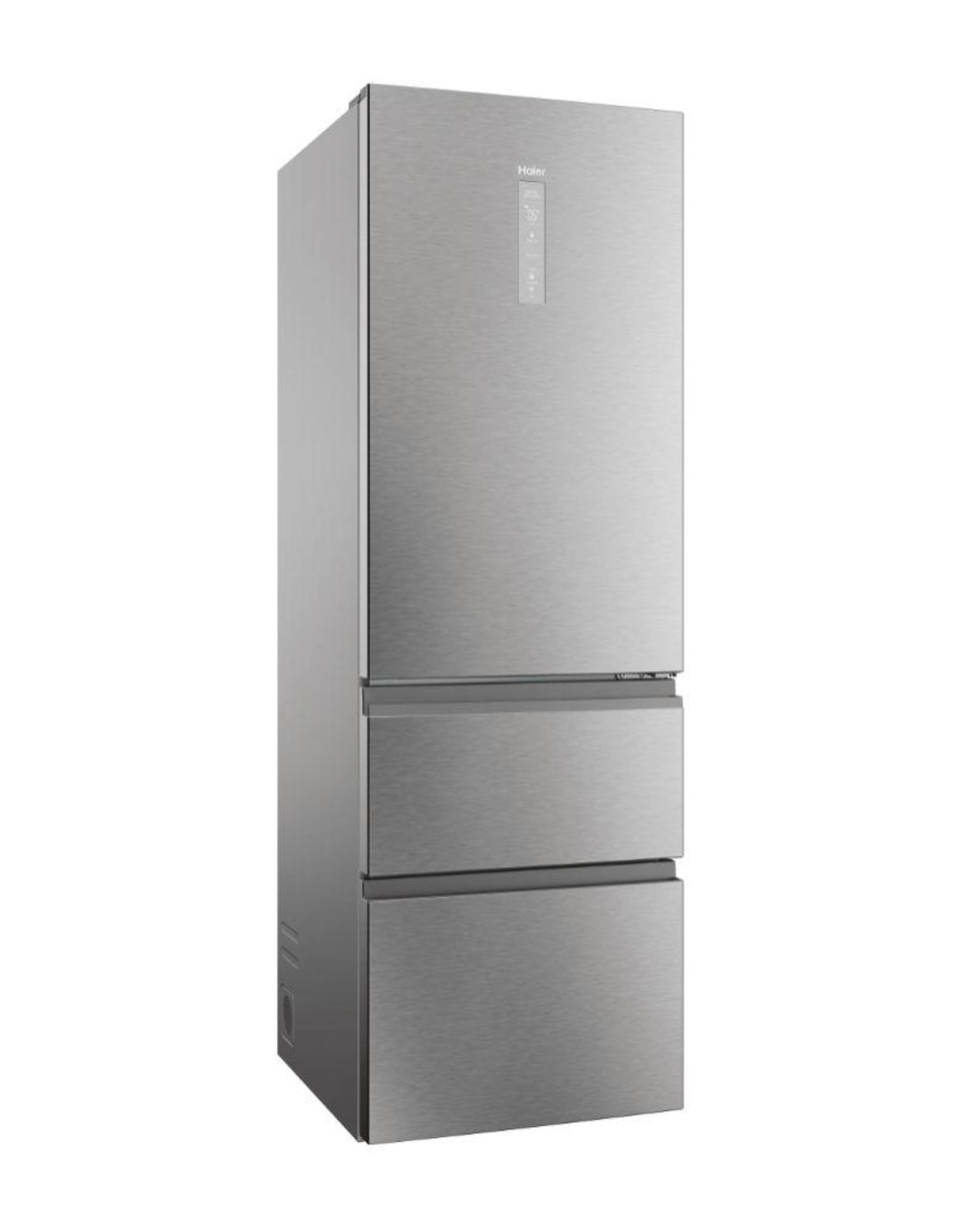 Un frigorifero Haier argentato con due cassetti inferiori e un display, su sfondo bianco.