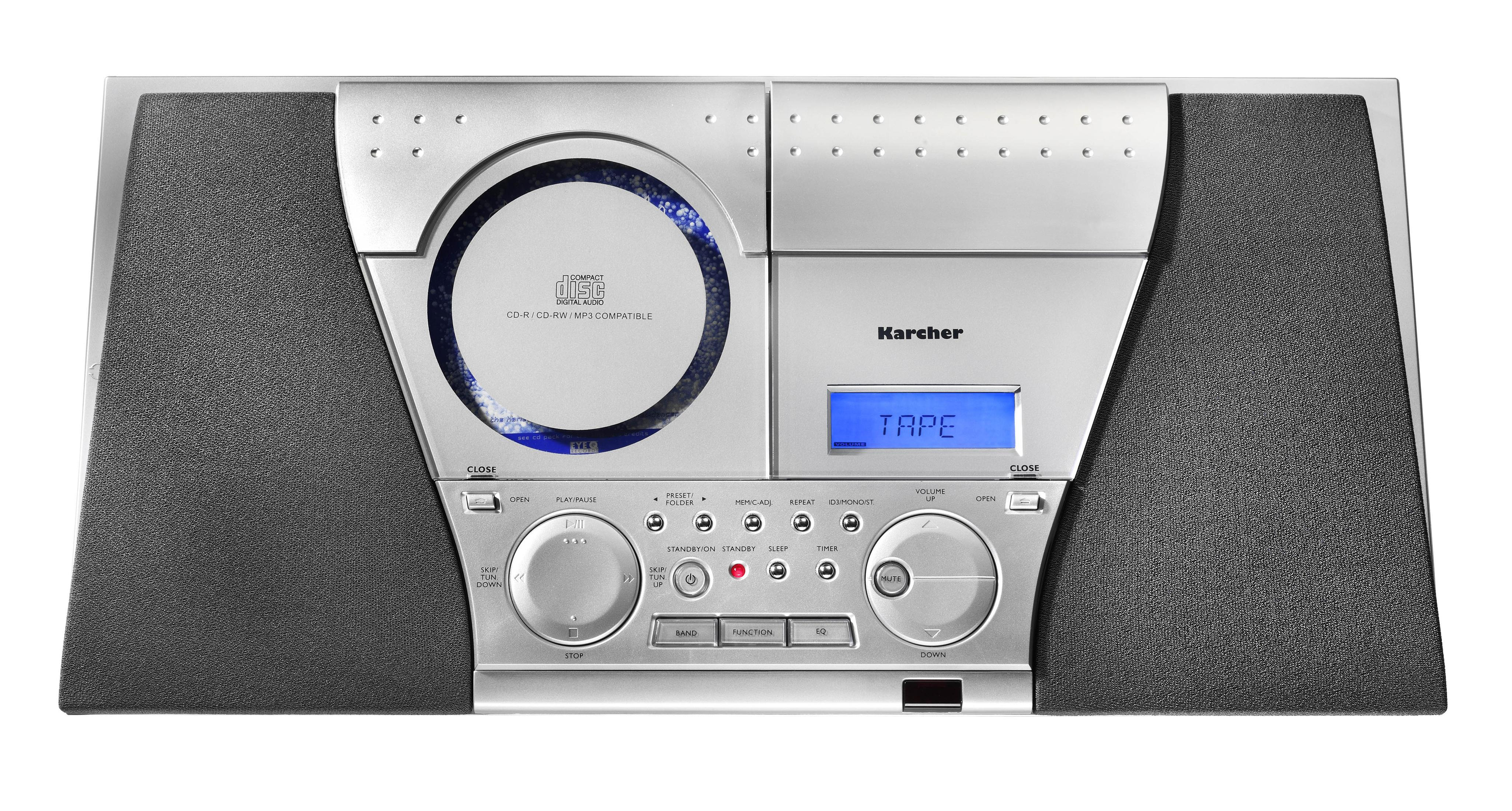 Silberne Stereoanlage mit CD-Player, Kassettendeck und Digitalanzeige.