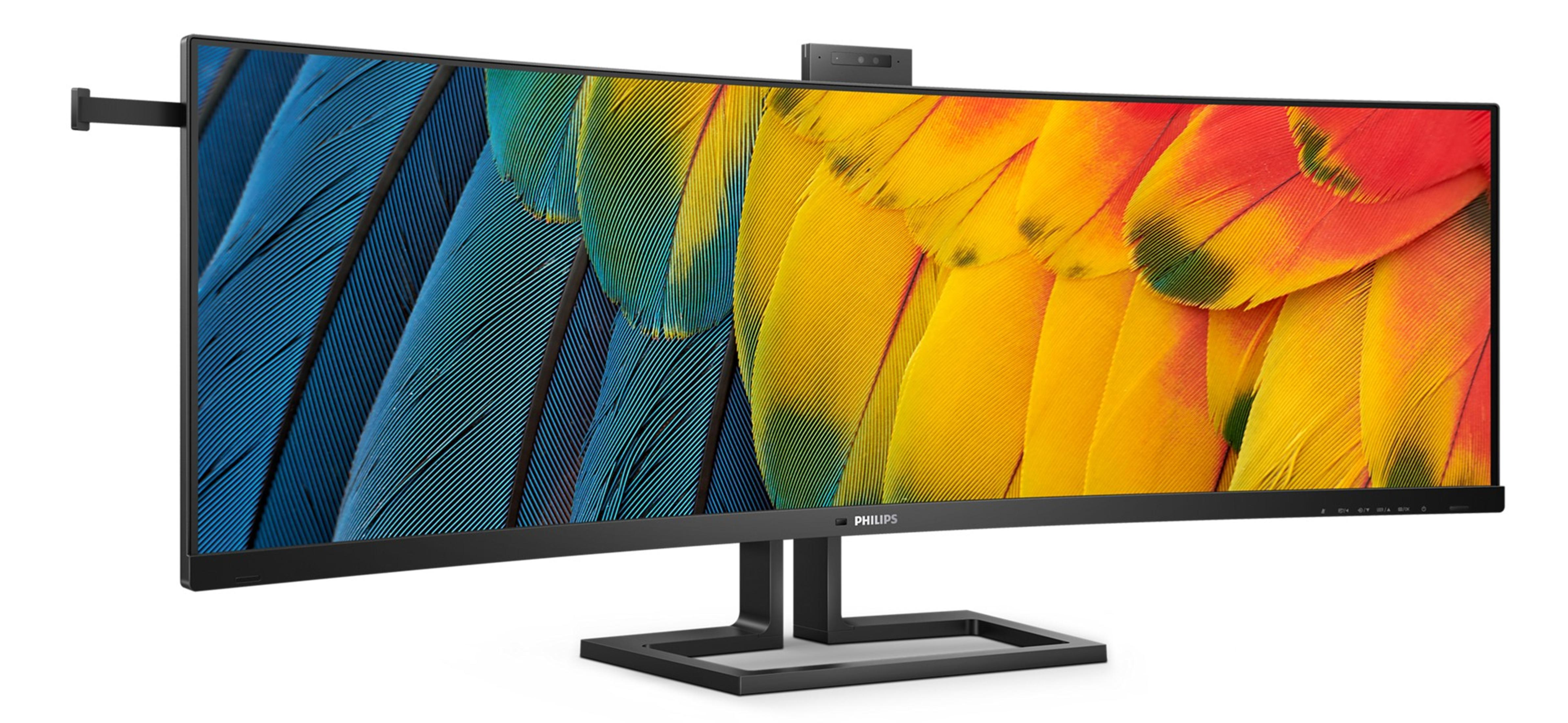 Zakrzywiony monitor z kolorowym wyświetlaczem piór, kamerą internetową na górze i czarną podstawą.