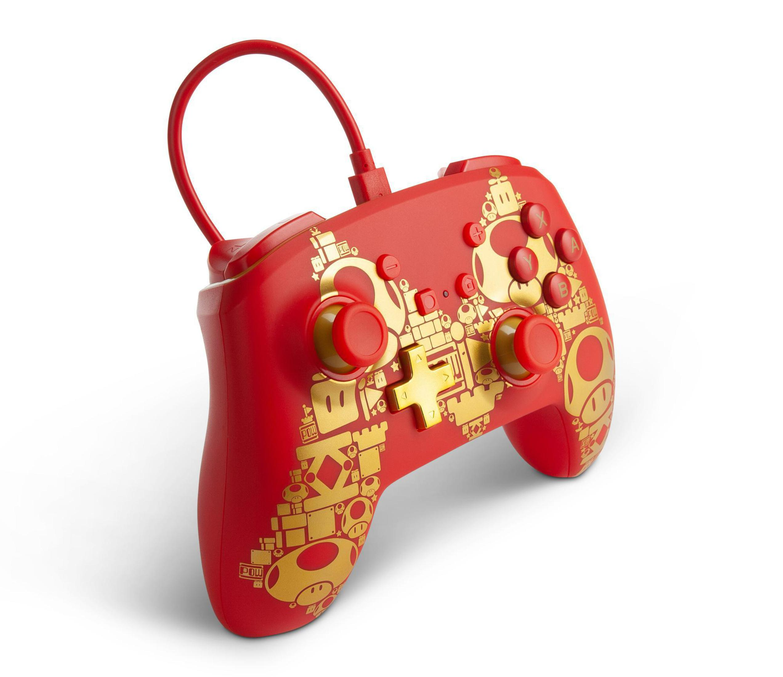 Czerwony kontroler Nintendo Switch ze złotymi detalami. Ma kilka przycisków i kabel USB.