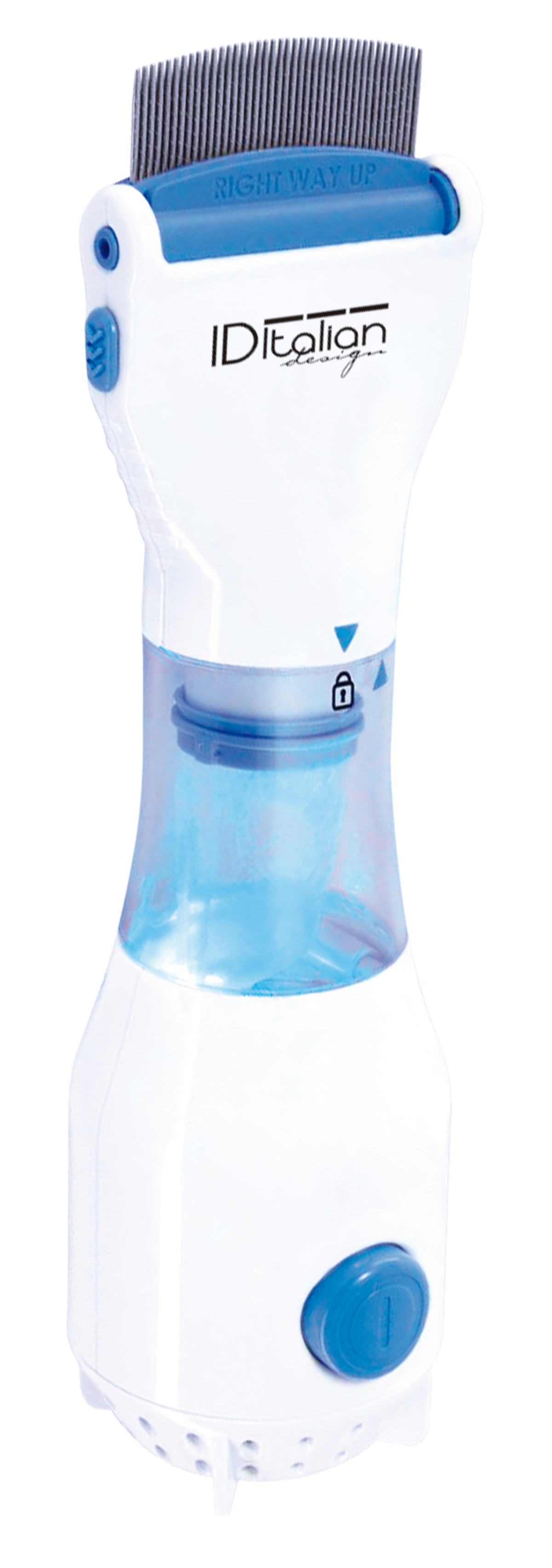 Biało-niebieski grzebień na wszy. Ma uchwyt, przezroczysty odcinek i grzebień z zębami.