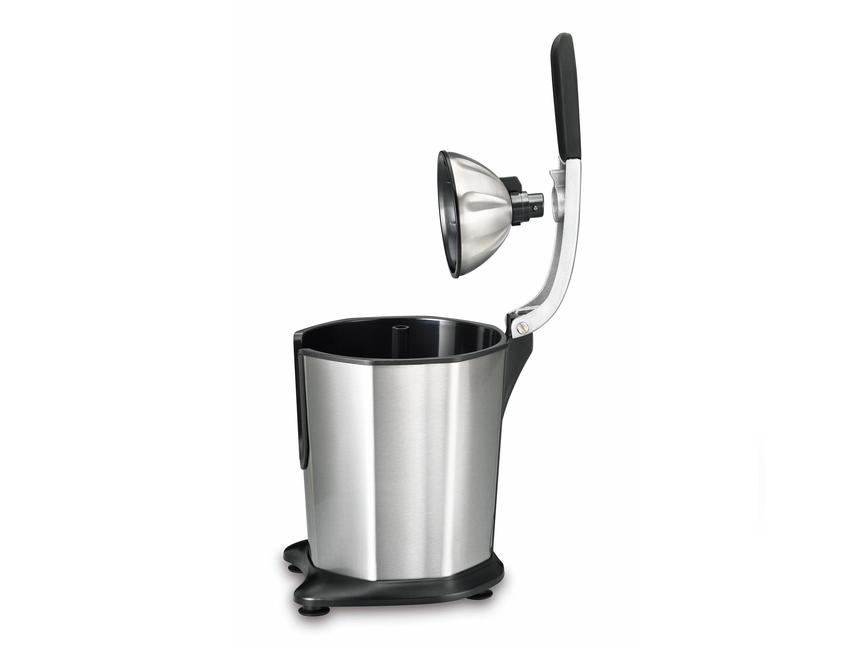 Wyiskarka do cytrusów ze stali nierdzewnej. Wyiskarka jest w pozycji otwartej.