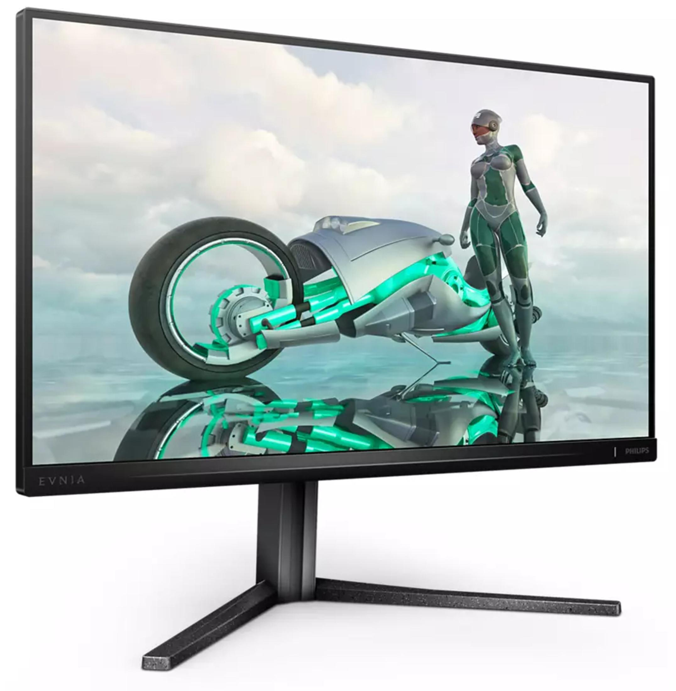 Monitor do gier wyświetlający futurystyczną scenę z kobietą i motocyklem.