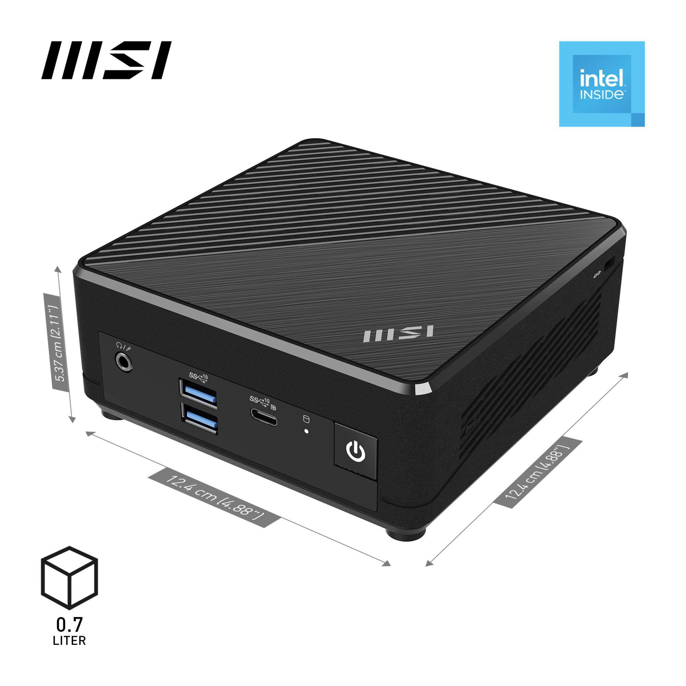 Czarny mini PC z logo MSI. Pokazuje porty i wymiary na białym tle.