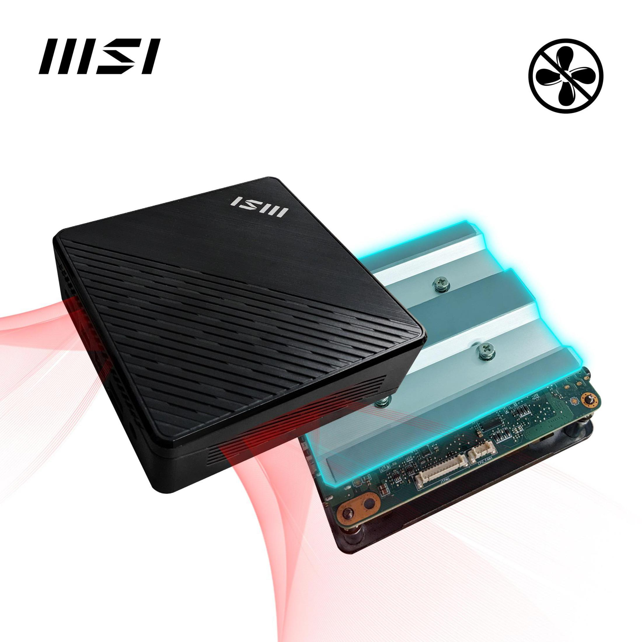 Ein schwarzer MSI-Mini-PC, der sein Kühlsystem mit rotem Luftstrom auf weißem Hintergrund zeigt.