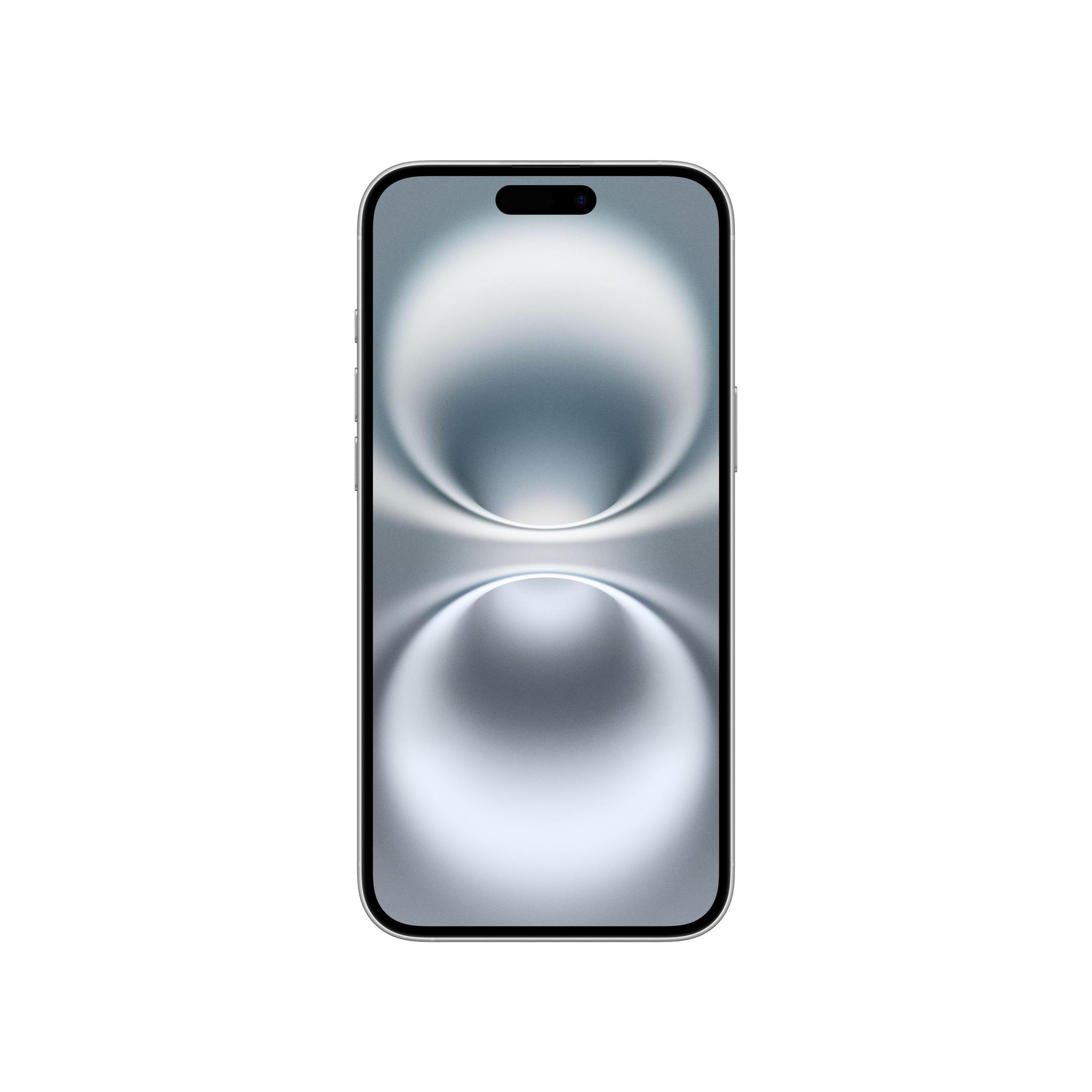 Srebrny iPhone. Widok z przodu wyświetla zakrzywiony ekran z czarnym wycięciem.