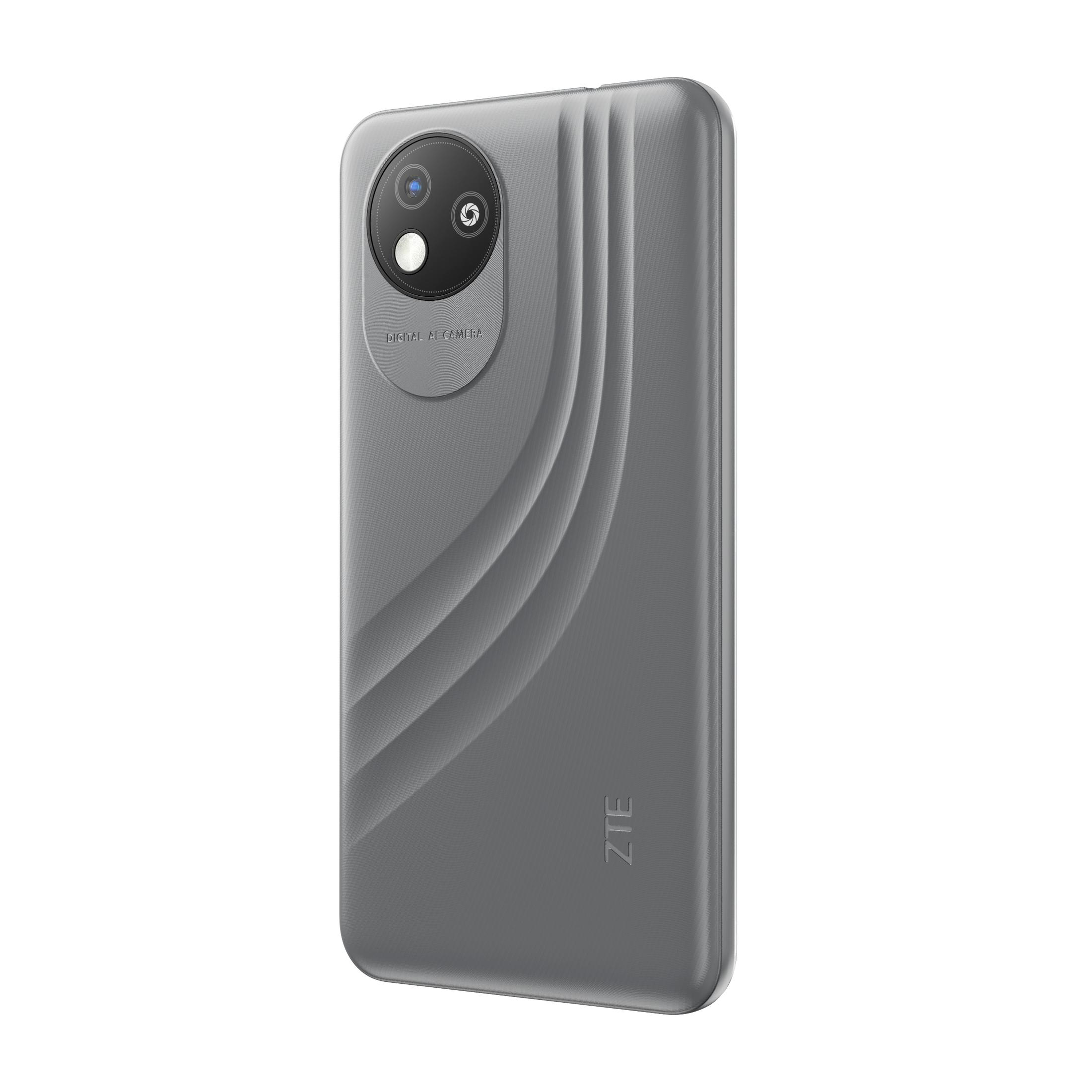 Telefono ZTE grigio, vista posteriore, con fotocamera e logo ZTE. Il telefono ha un design strutturato.