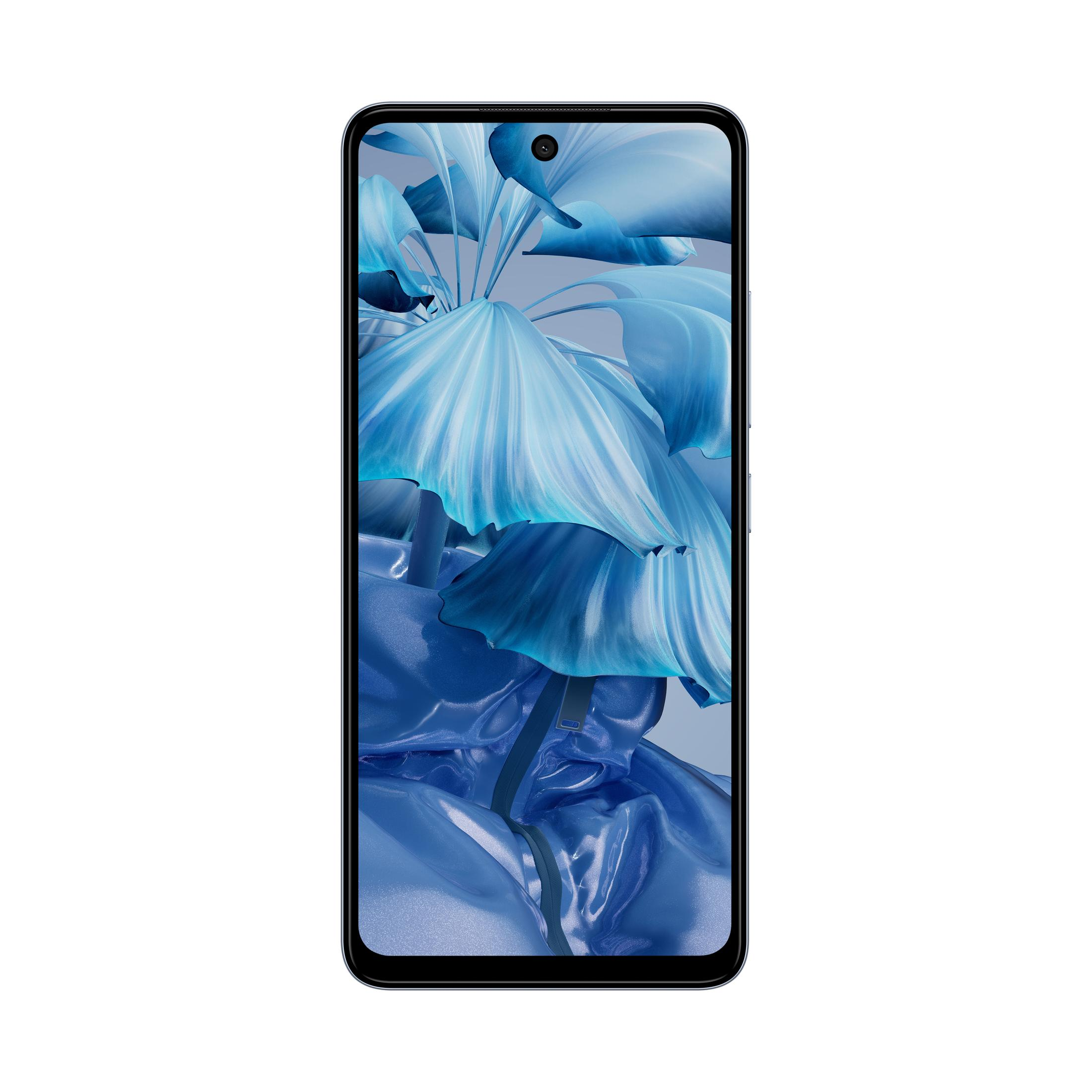 Smartphone mit blauem, abstraktem floralem Hintergrundbild auf dem Bildschirm. Weißer Hintergrund.