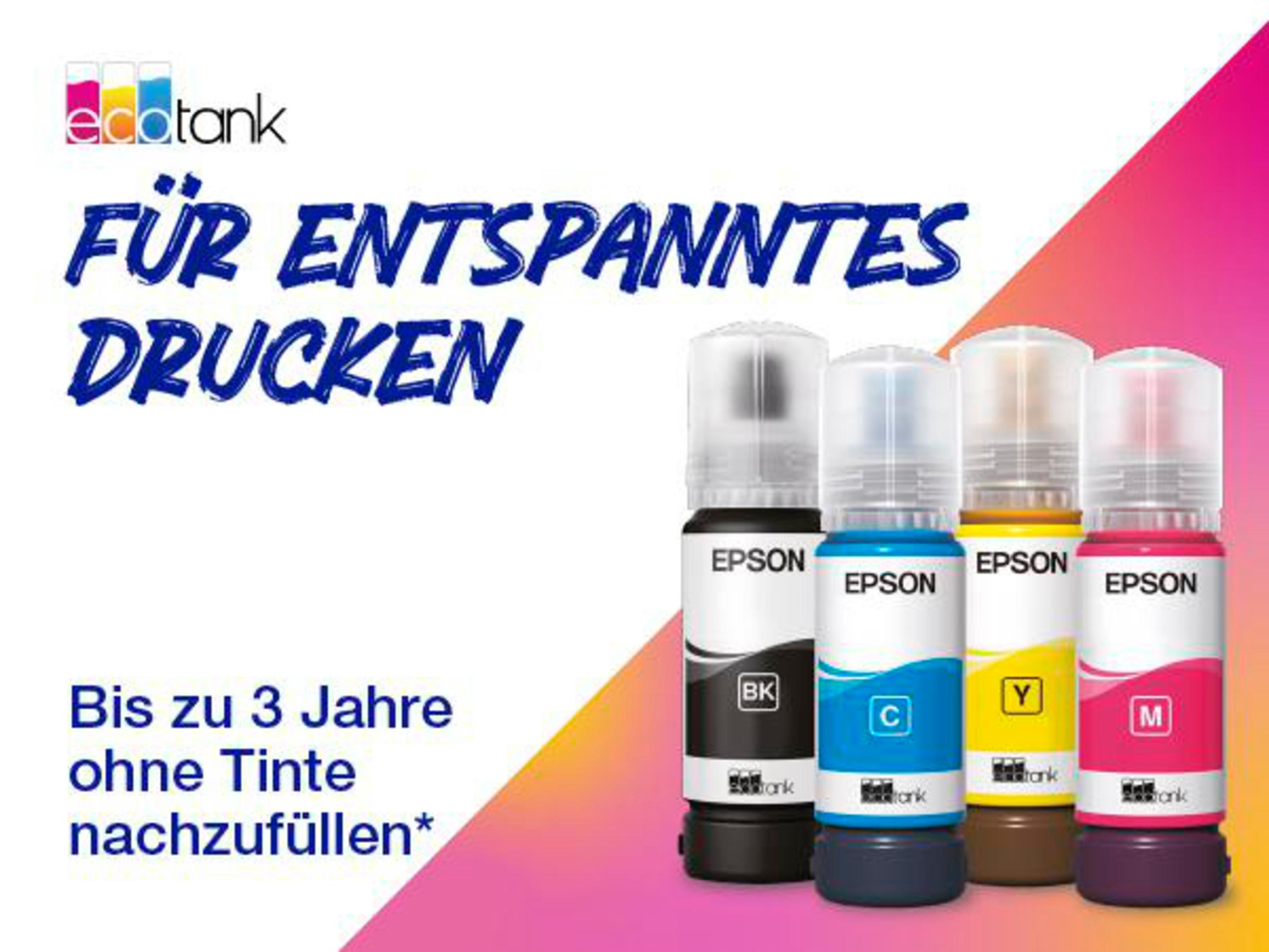 Butelki z tuszem Epson z tekstem w języku niemieckim i angielskim, na gradientowym tle.