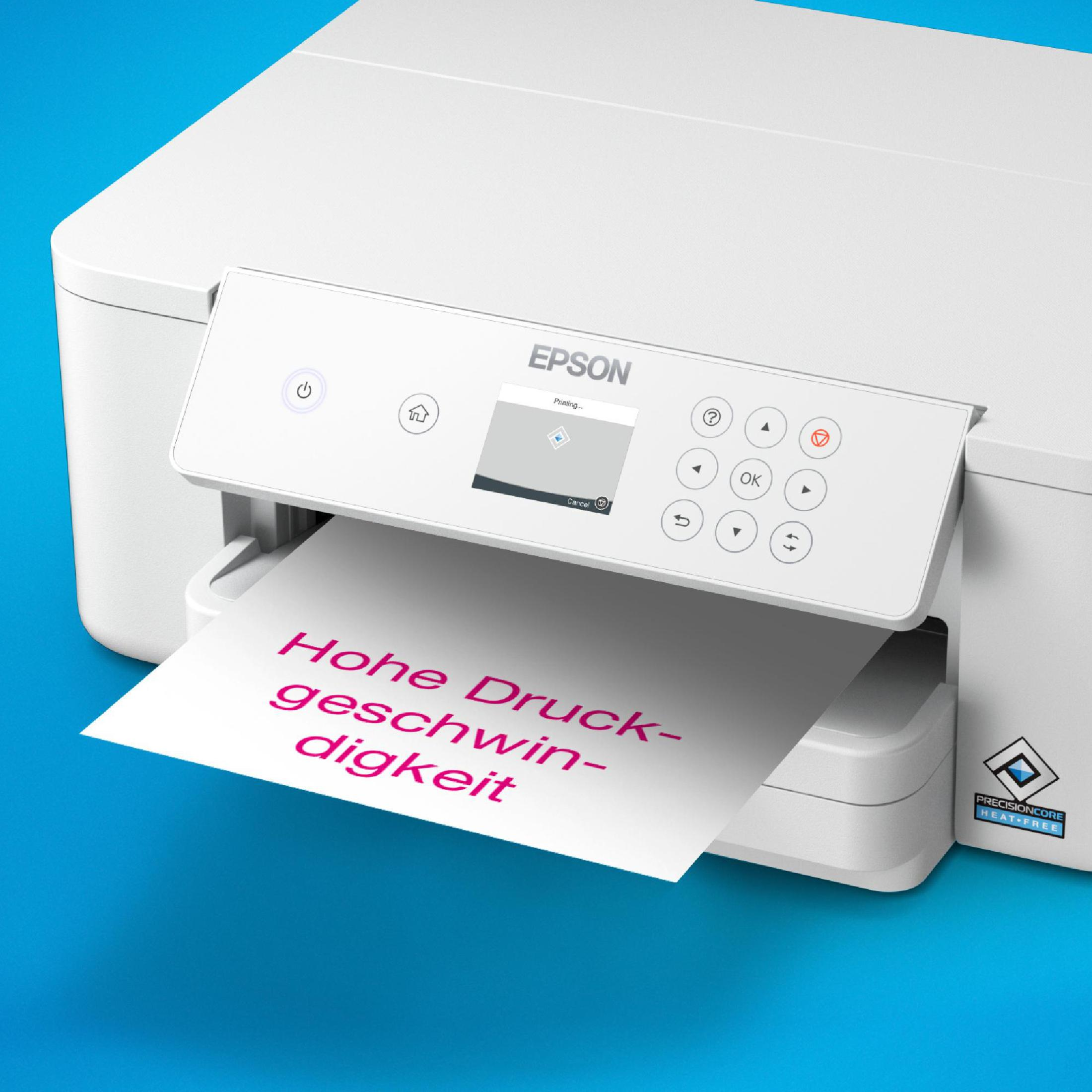 Biała drukarka z papierem z napisem 'Duża prędkość drukowania' w kolorze różowym. Widoczna marka Epson.