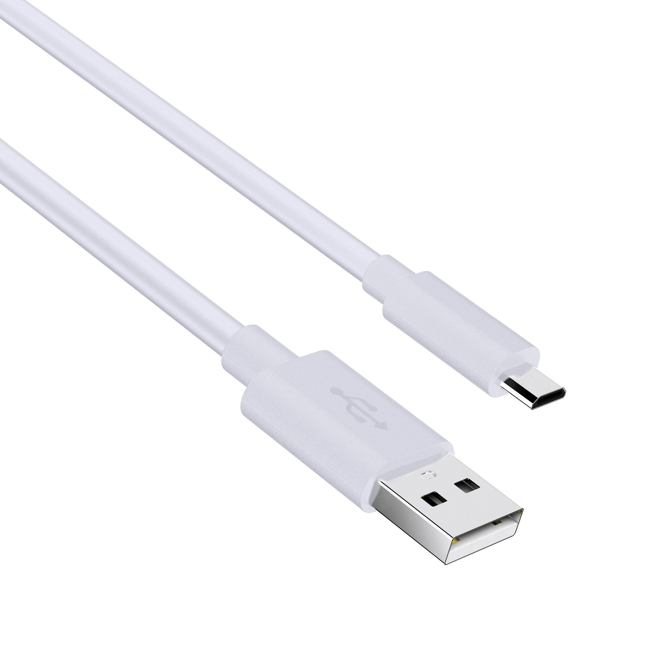 Un cavo da USB-C a USB-A bianco con connettori su sfondo bianco.