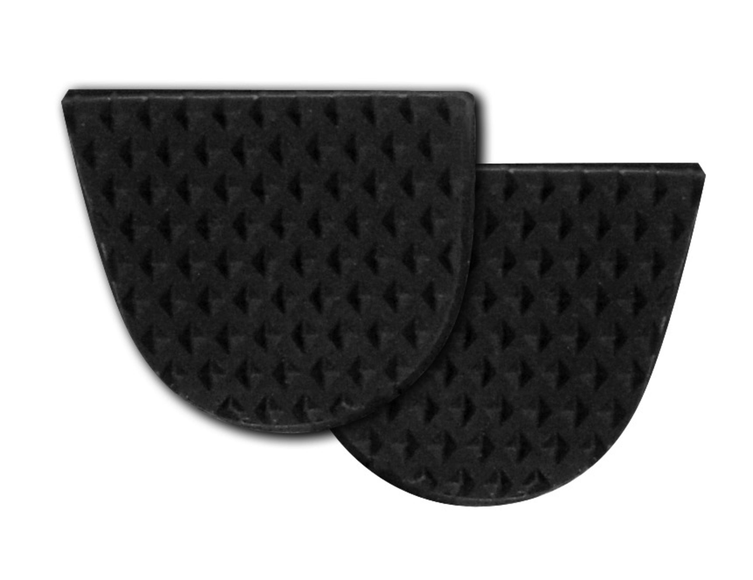 Zwei schwarze, strukturierte, halbkreisförmige Pads, die auf einem weißen Hintergrund angeordnet sind und ein rutschfestes Design zeigen.