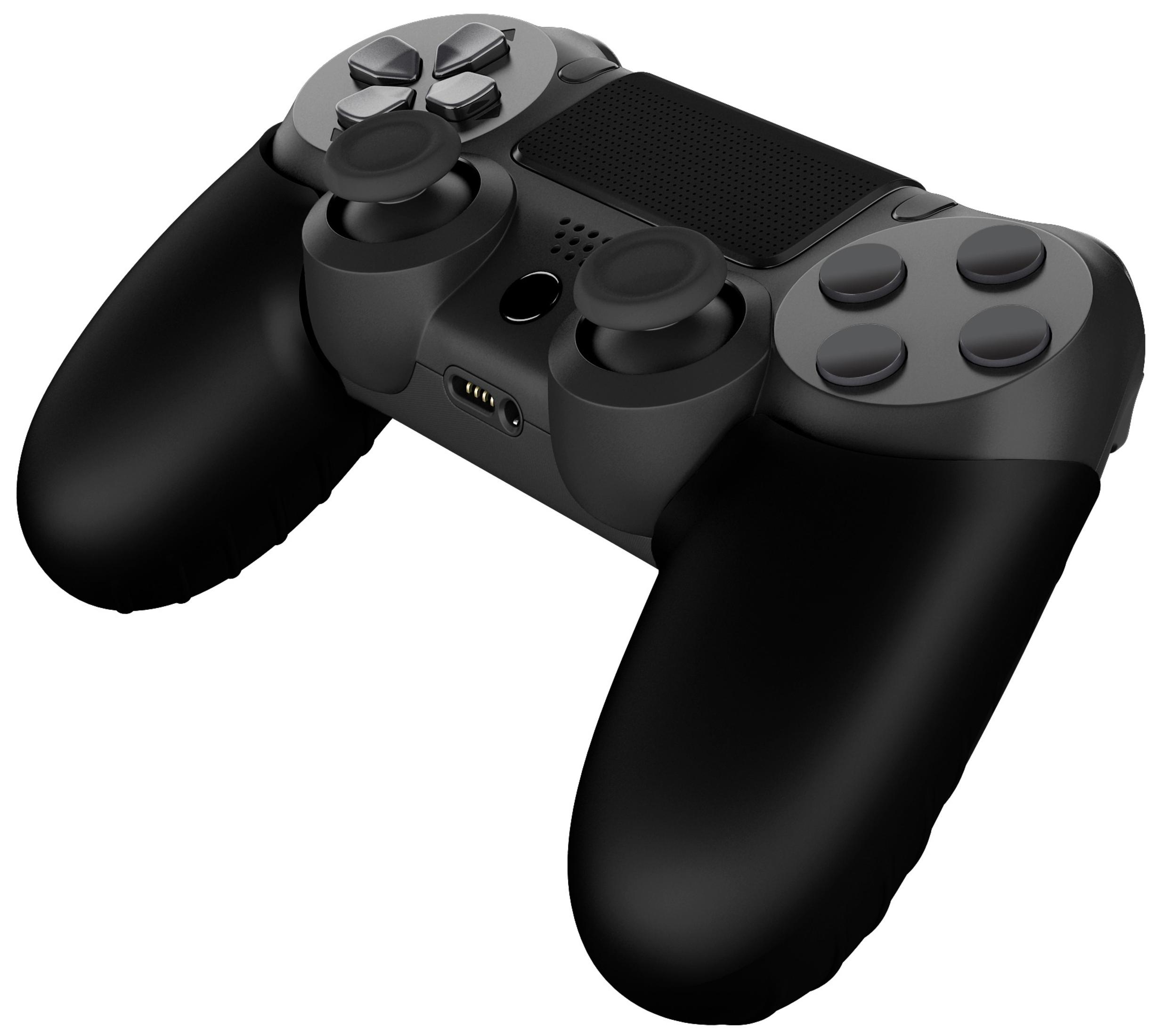 Ein schwarzer PlayStation 4 DualShock-Controller vor einem weißen Hintergrund, der seine Tasten und Joysticks zeigt.
