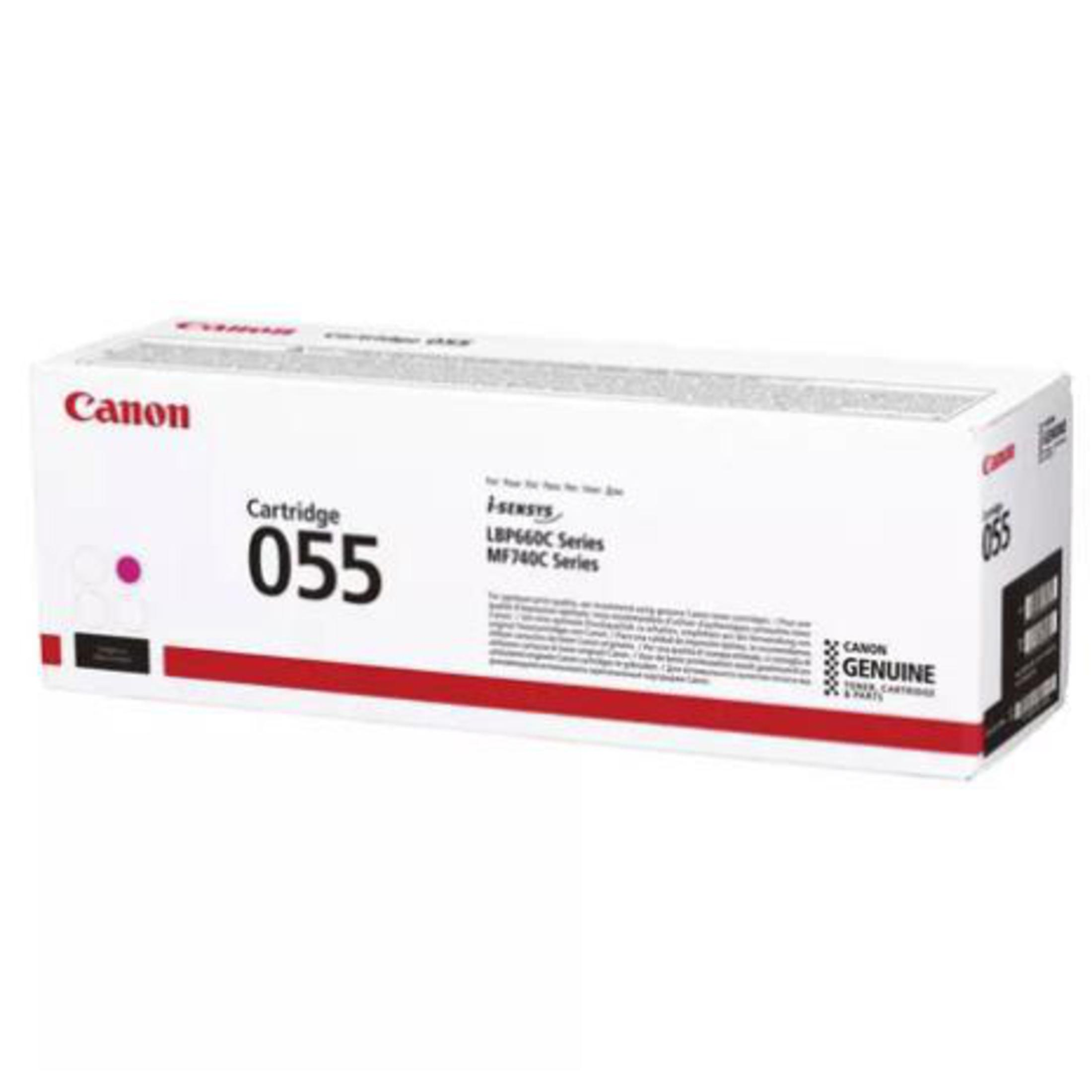 Pudełko z wkładem Canon 055, białe z czerwonym paskiem, różową kropką, tekstem.