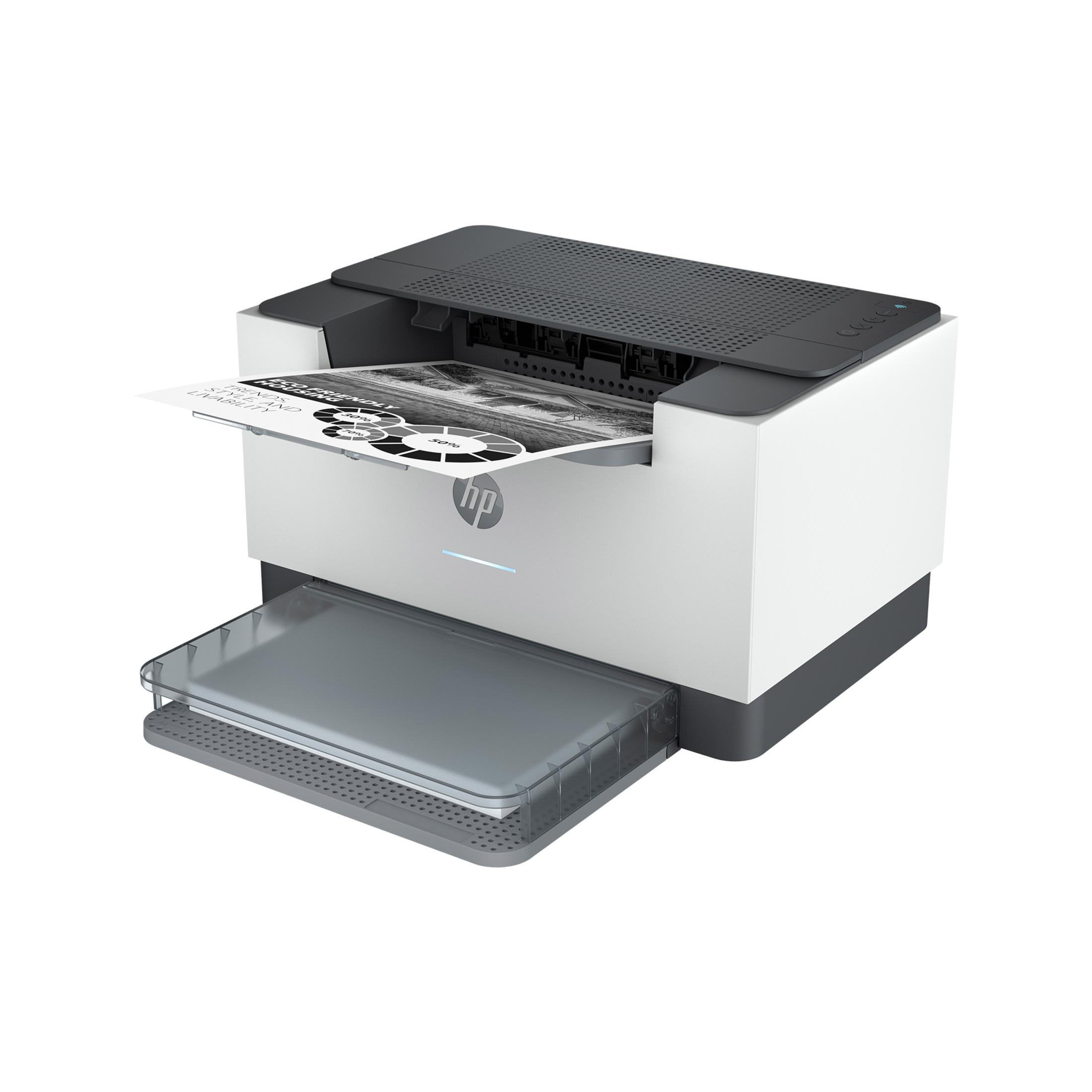 Imprimante HP imprimant un document en noir et blanc, design blanc et gris.
