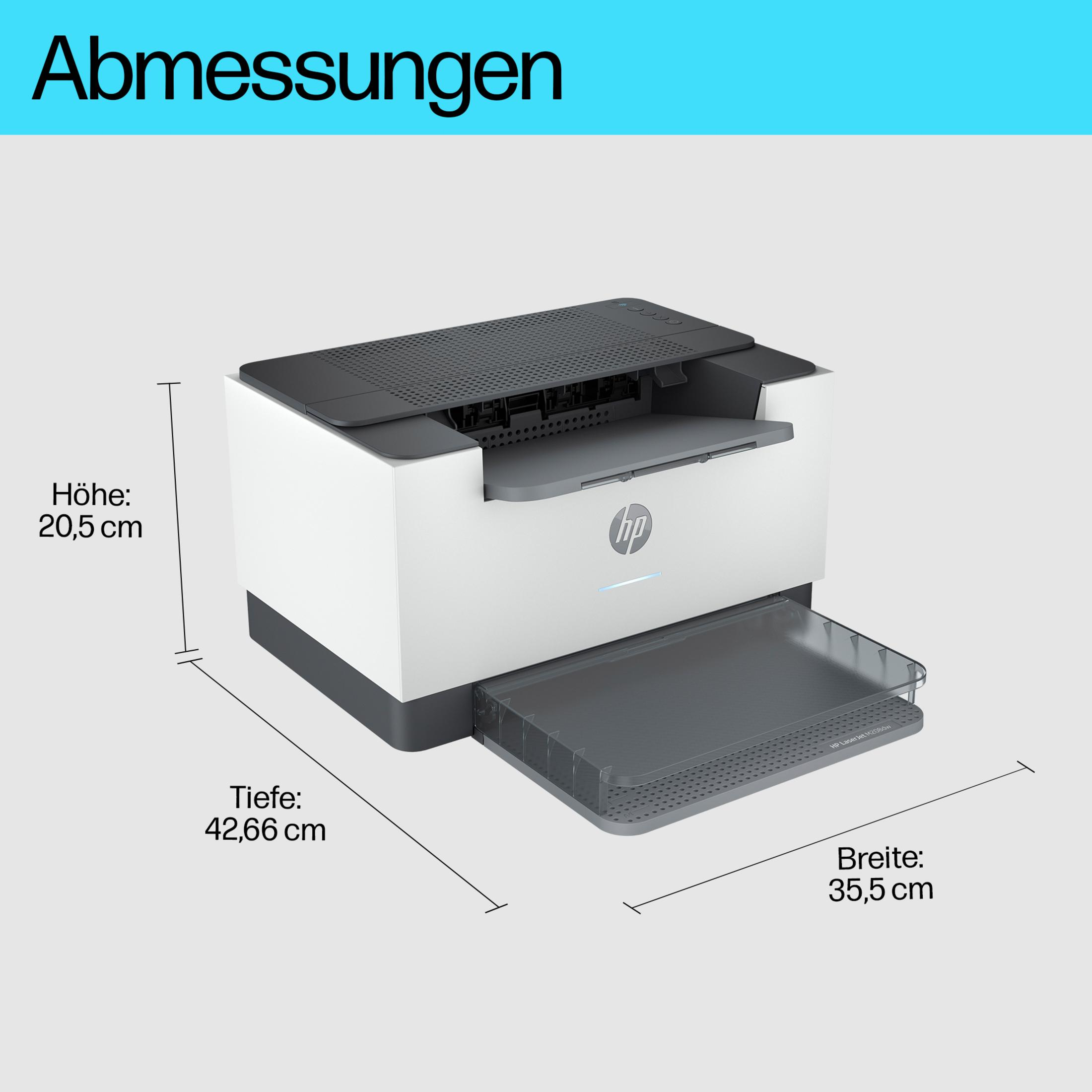 Une imprimante avec dimensions affichées, blanche et noire avec le logo HP.