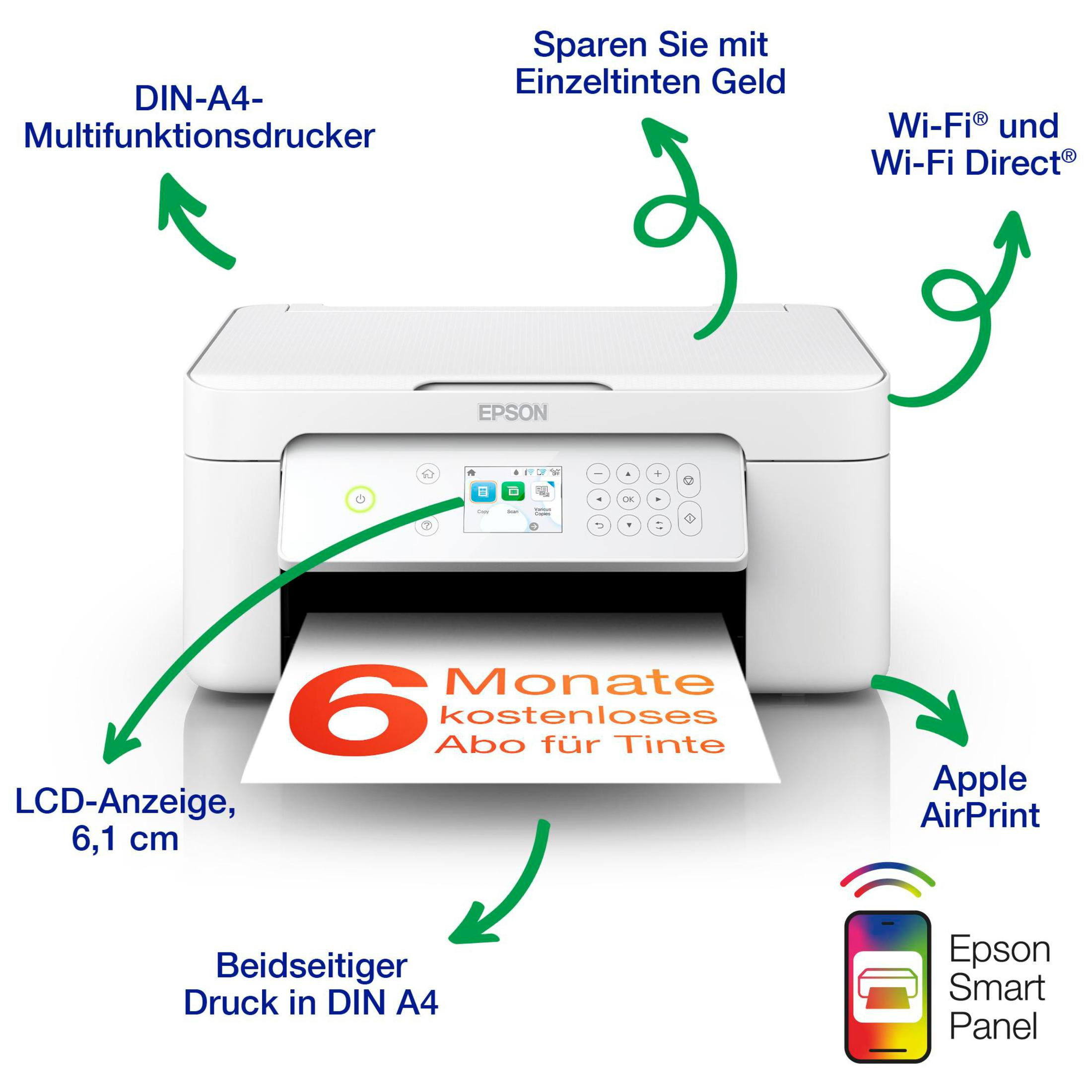 Biała drukarka Epson ze strzałkami wskazującymi na funkcje i tekst w języku niemieckim.