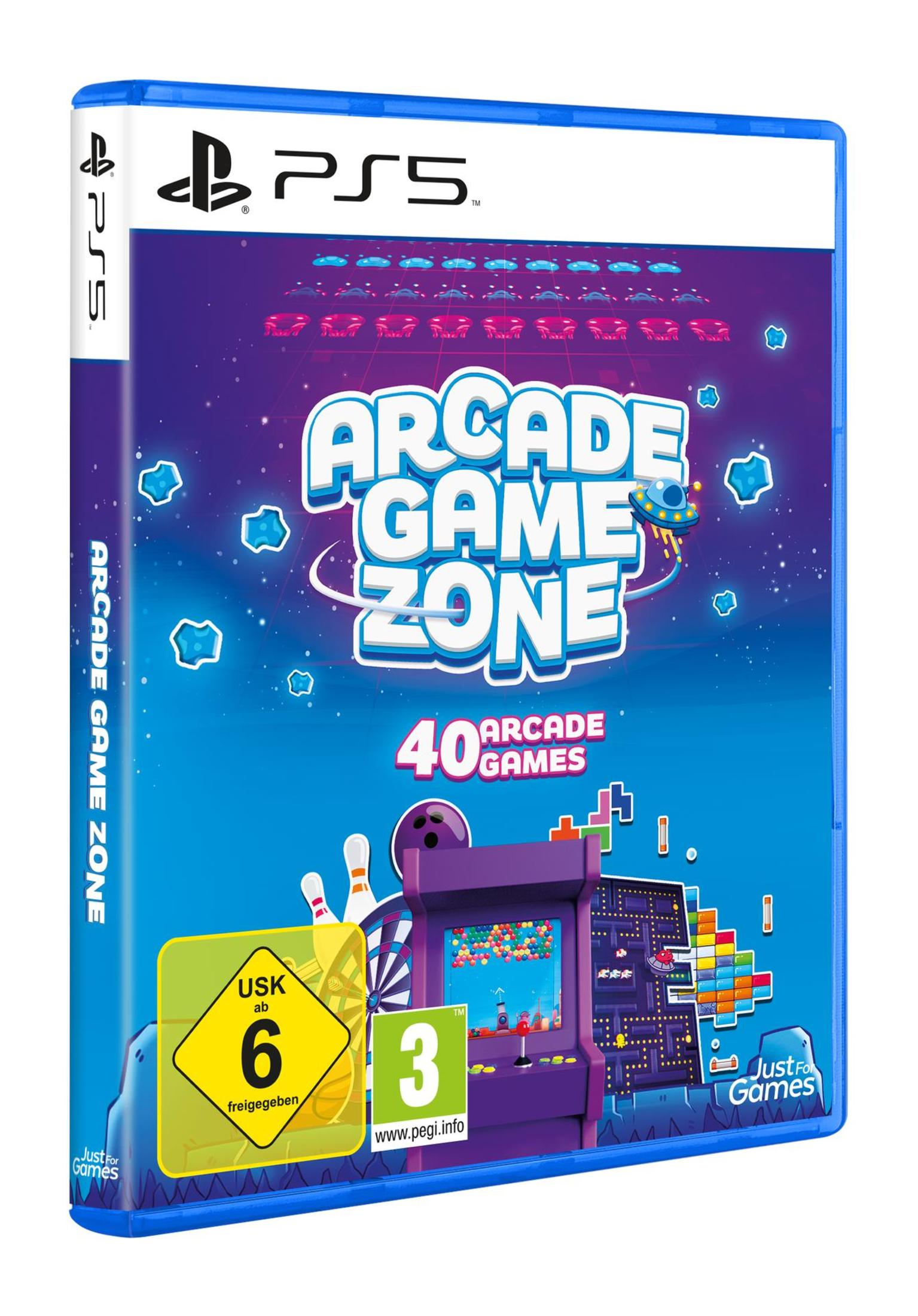 Arcade Game Zone PS5-Spielhülle. Buntes Cover mit Spielkunst, blaues Gehäuse.