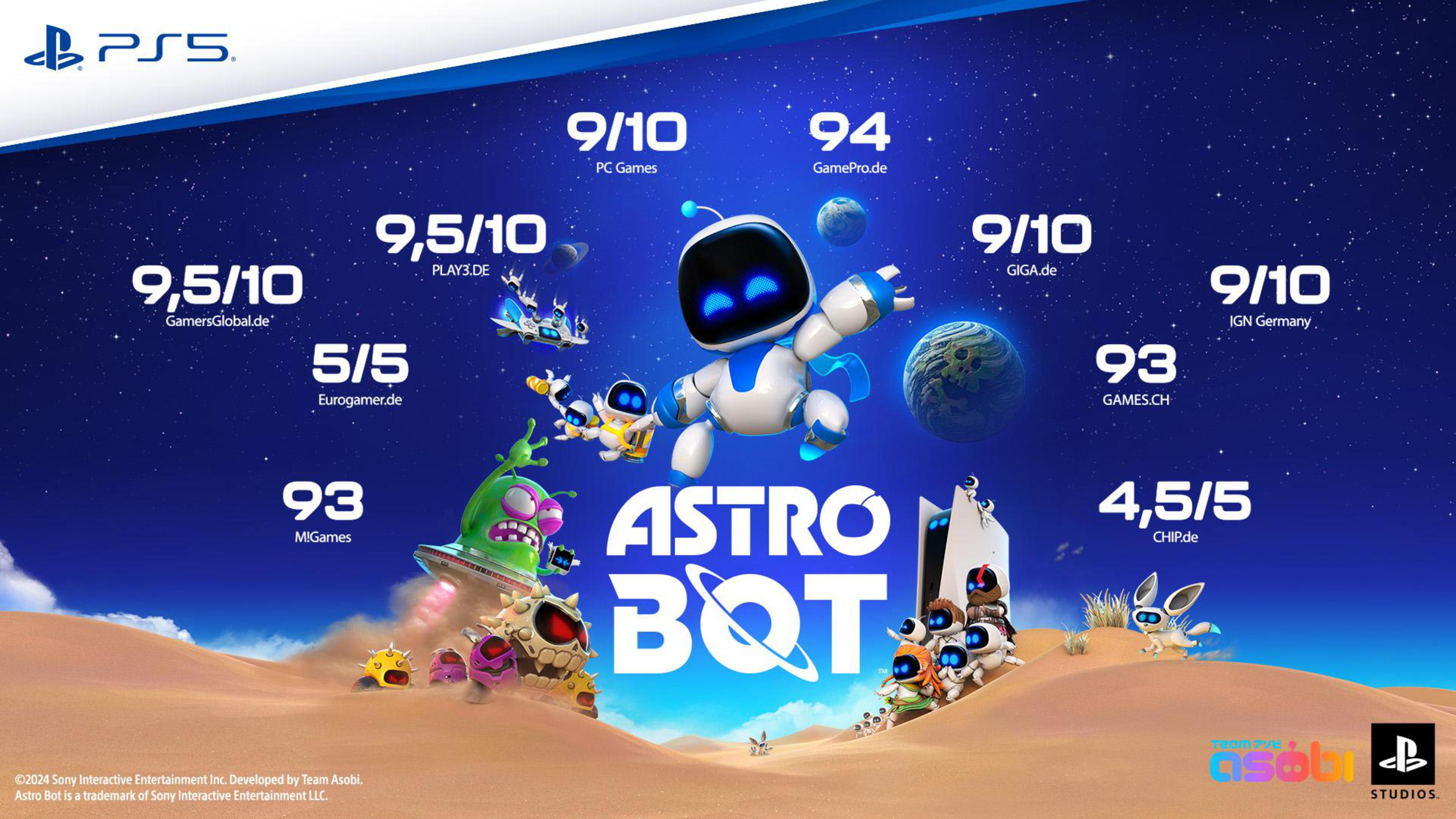 Copertina del gioco Astro Bot con un robot in una scena desertica con valutazioni e personaggi.