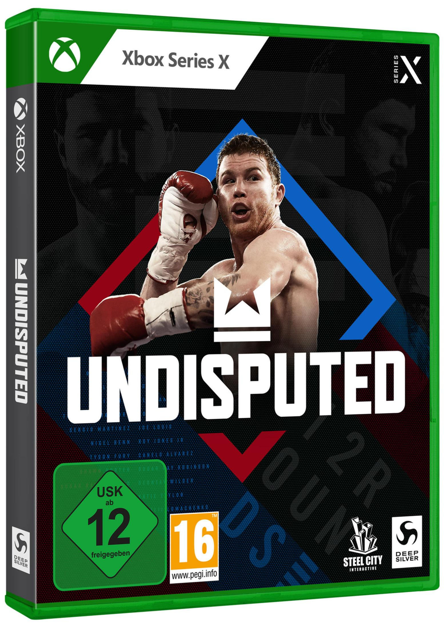 Xbox Series X Spielbox für 'Undisputed' mit einem Boxer mit roten Handschuhen, grüner Hintergrund.