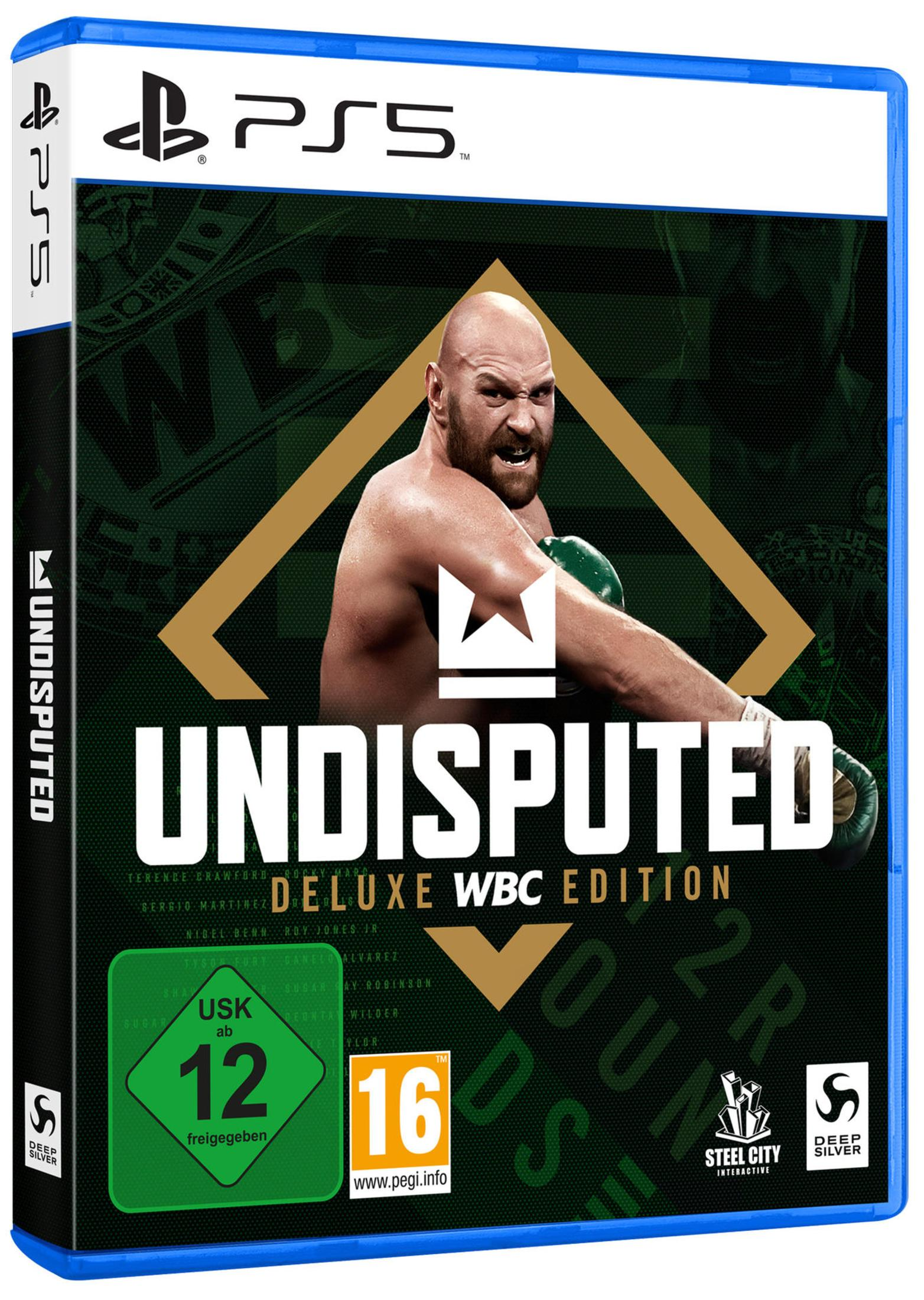 PS5-Spielbox. Titel ist 'Undisputed' mit Boxer-Bild. Enthält Altersfreigaben und einen WBC-Edition-Aufkleber.