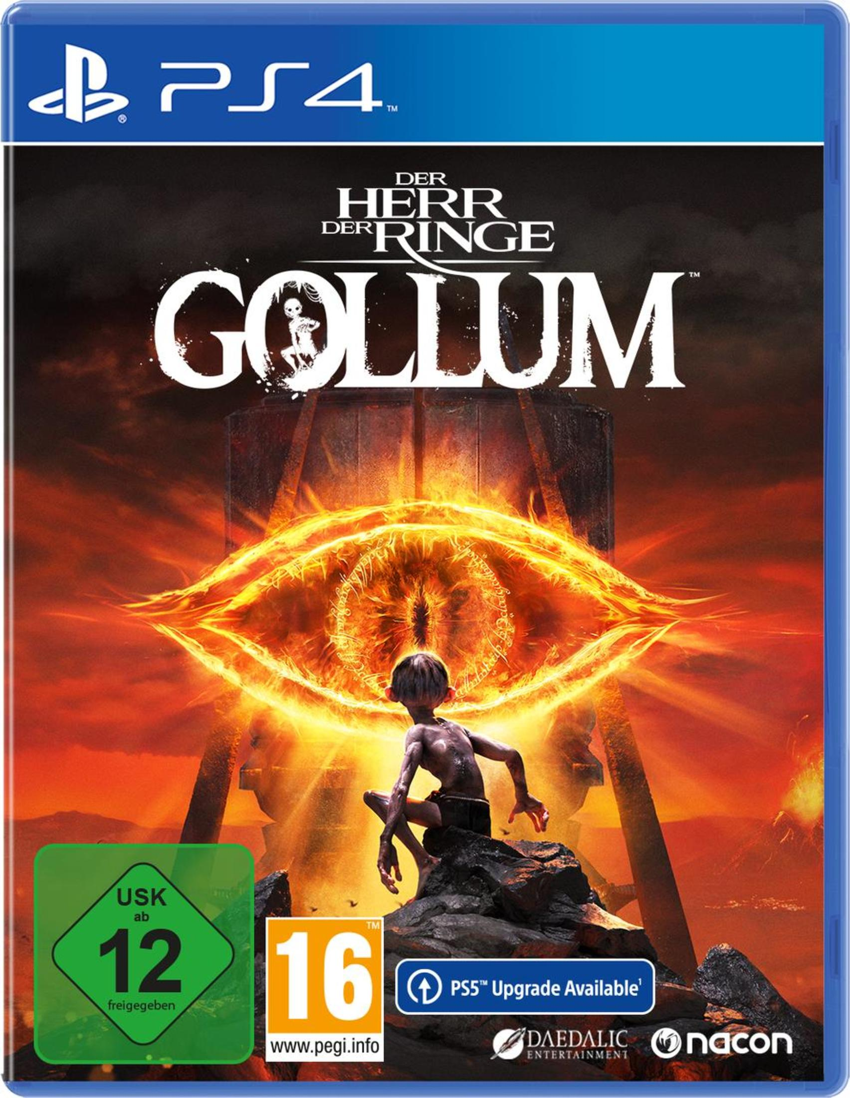 The Lord of the Rings: Gollum-Spielcover zeigt ein Auge und eine Figur vor einem feurigen Hintergrund.